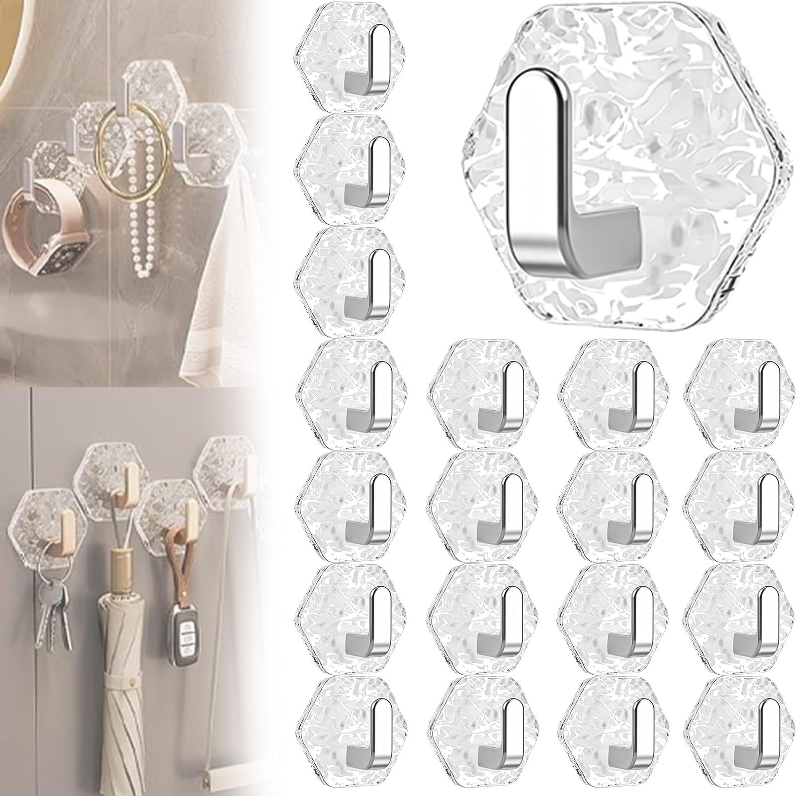 Sechseckige, selbstklebende Haken mit Wasserwellenmuster, einfache Montage, vielseitig einsetzbar, ohne Bohren, für Handtücher, Schlüssel und Kochgeschirr(Silver,80pcs)