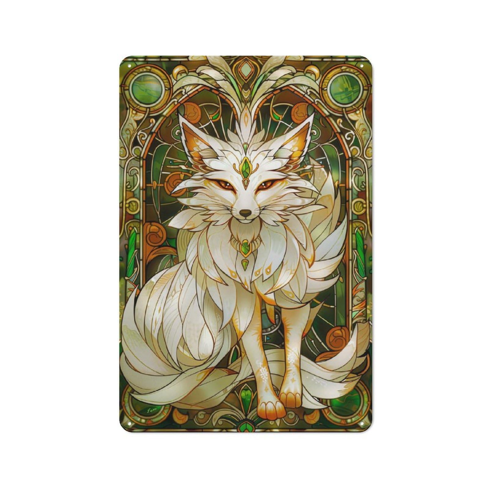 Junmoney Fox Kitsune Stain Glass Metal Sign 30X20cm With For Hallway Wall, Vintage Decor, For Garage, Workshop And Man Cave Decoration