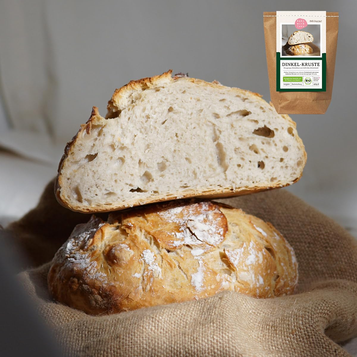 Bake with Love Bio Dinkel Brotbackmischung Dinkel-Kruste - 100% Dinkelmehl ohne Weizen - Brot backen mit Sauerteig - ohne Zusatzstoffe - für Brotbackautomat & Ofen - 1er Pack