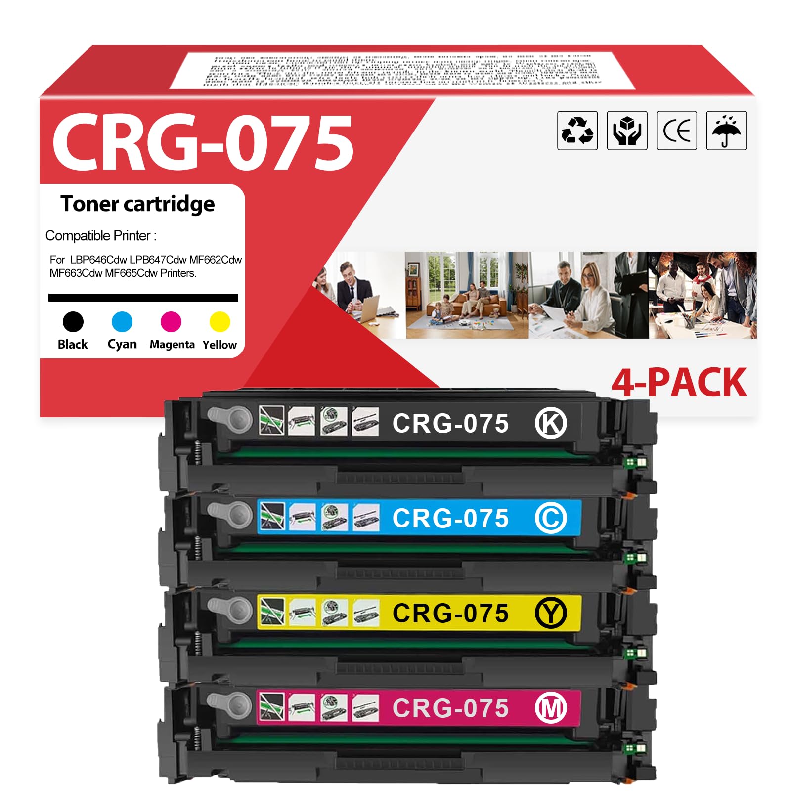 4 Pack 075 CRG075 CRG-075 CRG075A Toner Cartridge Replacement for Canon 075 Toner Work for LBP646Cdw LPB647Cdw MF662Cdw MF663Cdw MF665Cdw Printers （1300 Pages）