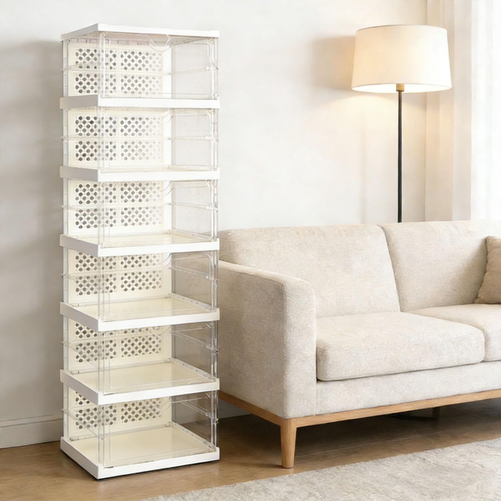 Caja de Zapatos Apilable con Diseño de Plegado Rápido, Caja Contenedor de 100 Libras de Capacidad, Organizador de Puerta Transparente, Se Adapta a Calzado de hasta Tamaño 12, (6 niveles)