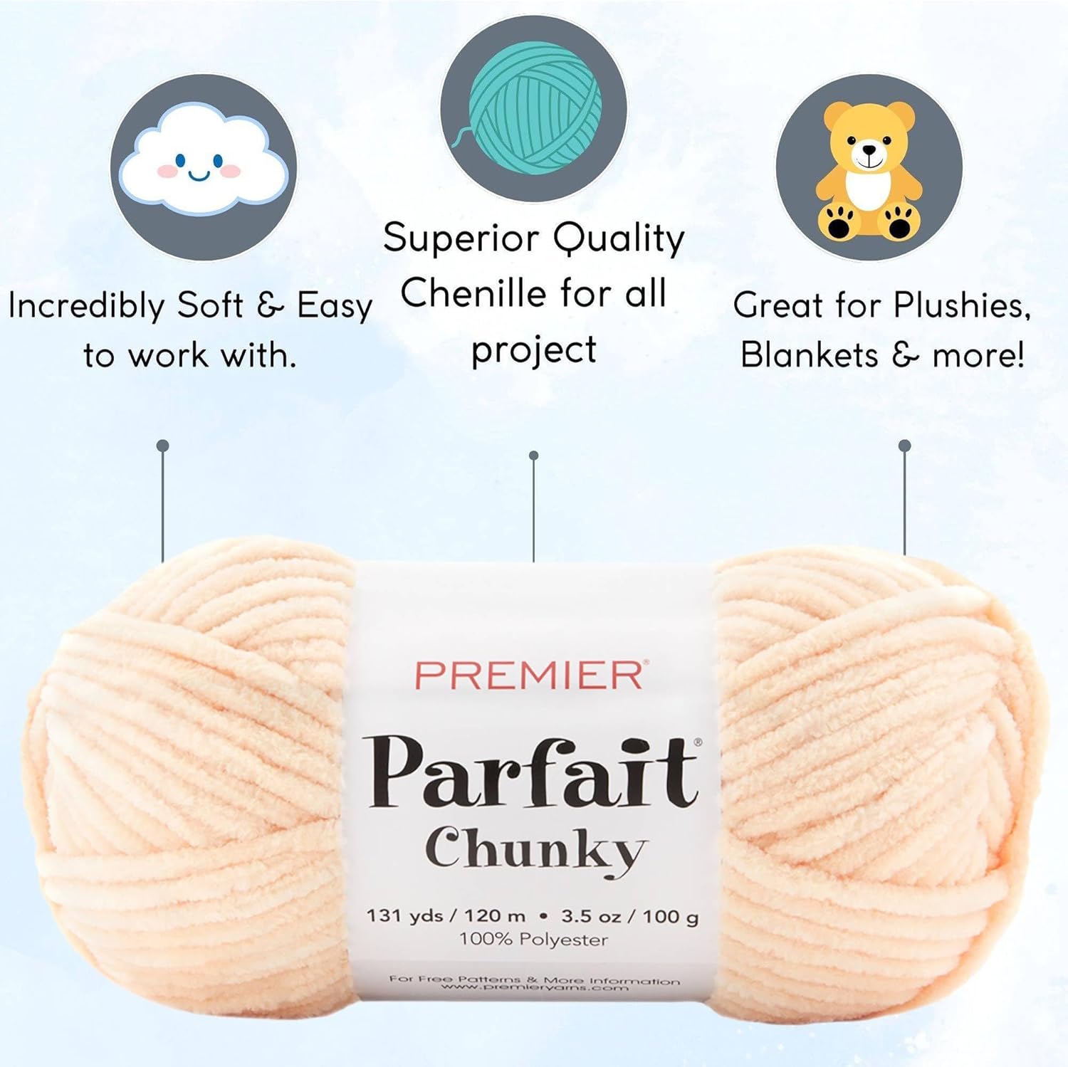 Premier Yarns Parfait Chunky Peach 1150-22 (3-Skeins - Same Dye Lot) Weight S Bulky #6 Polyester Yarn for Crocheting and Knitting with Project Bag