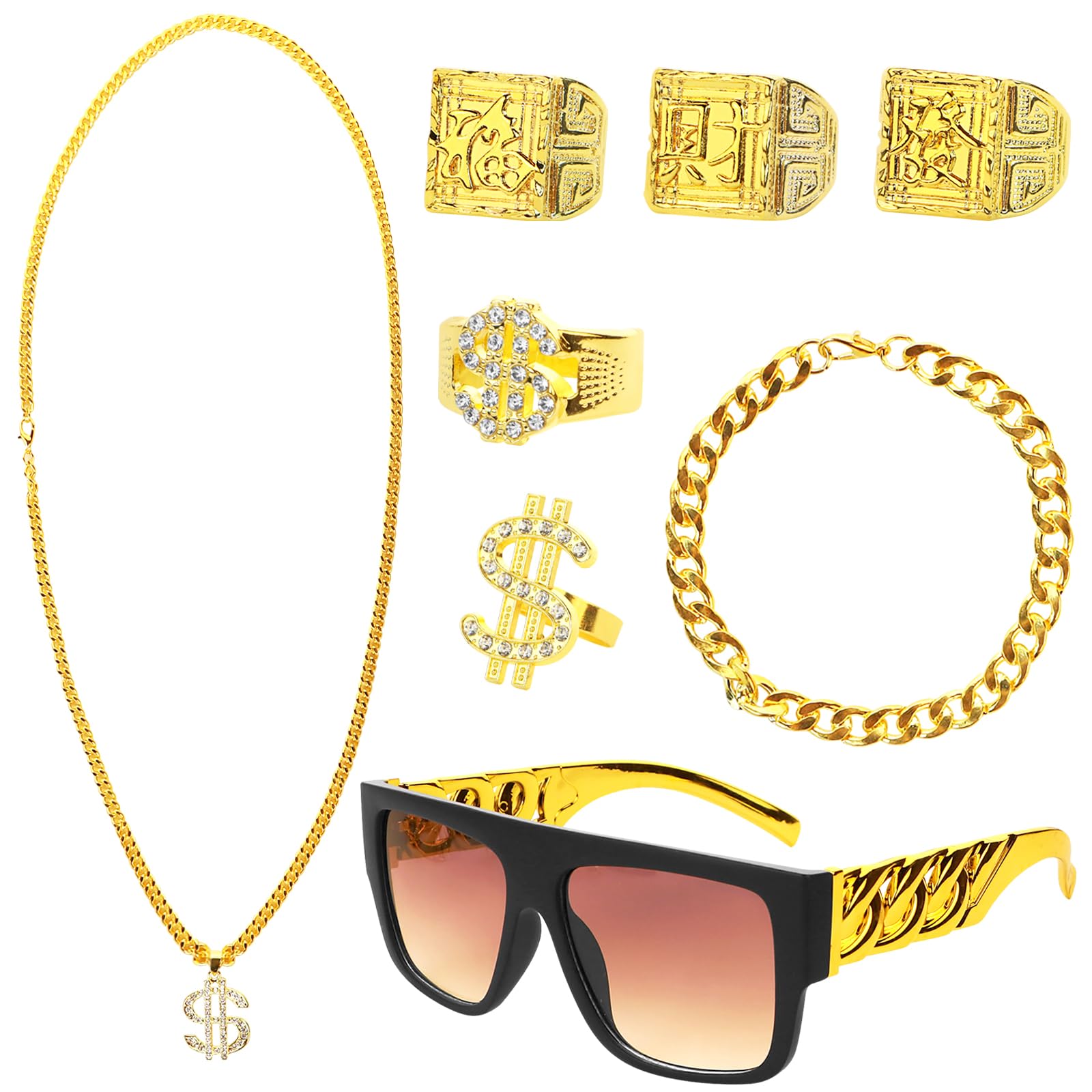 Aleker 90s Fancy Dress Men Fake Gold Chain Costume,Mens Gold Accessories Plastic Chains,90s Costume Hip Hop Set with Disco Dollar Sign Necklace Bracelet Rings Sunglasses