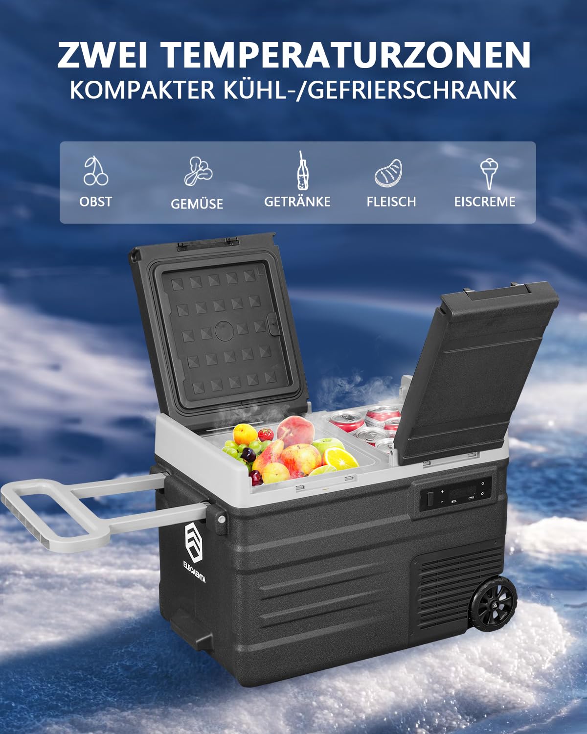 ELECAENTA Kompressor Kühlbox 40L, Tragbar Auto Kühlschrank Elektrisch -20°C bis 20°C, Dual Zone Unabhängige Kontrolle Gefrierfach APP-Steuerung für Lastwagen, Boot, Wohnmobile und Angeln