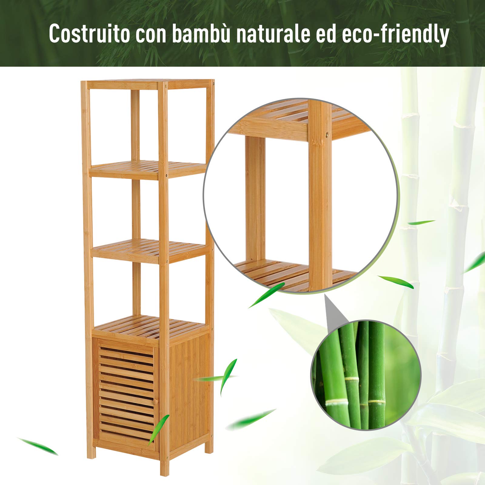 HOMCOM Estantería de Bambú para Baño Armario Alto Librería Organizador 4 Niveles 1 Puerta 36x33x140cm