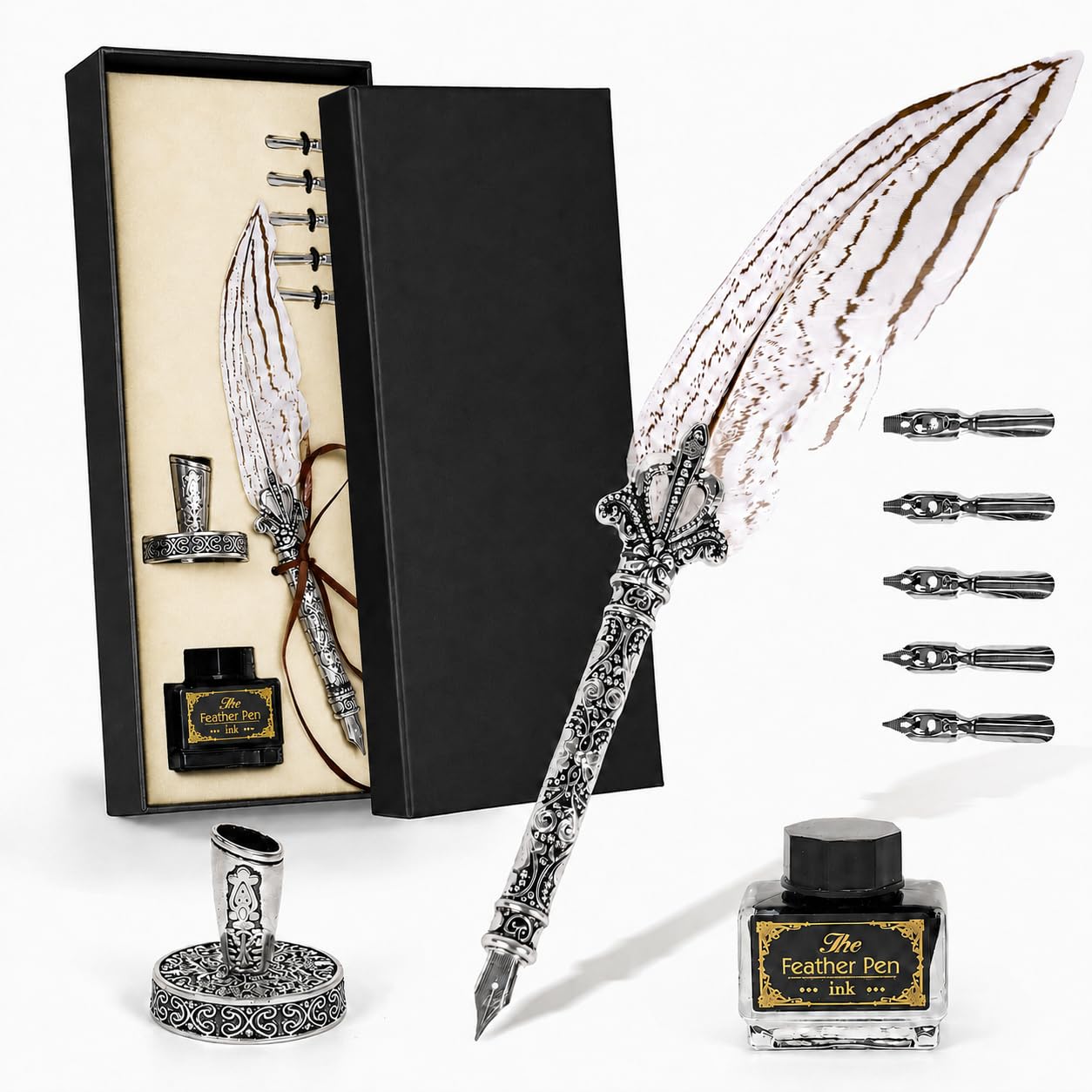 Joyeee Writing Quill and Ink Set, With Stainless Steel Replaceable Nibs, Sliver Metal Carving Pen Holder, Feather Pen Ink for Beginners and Calligraphy Enthusiasts, Retro Writing and Drawing Tool