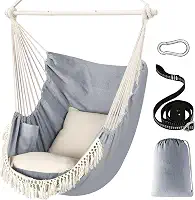 Chihee Cadeira de rede para pendurar no máximo 226 kg, 2 almofadas inclusas, barra de metal com ranhuras antiderrapantes, bolso lateral, grande, macramê, boêmia para ambientes internos e externos