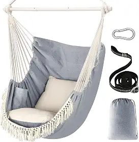 Chihee Cadeira de rede para pendurar no máximo 226 kg, 2 almofadas inclusas, barra de metal com ranhuras antiderrapantes, bolso lateral, grande, macramê, boêmia para ambientes internos e externos