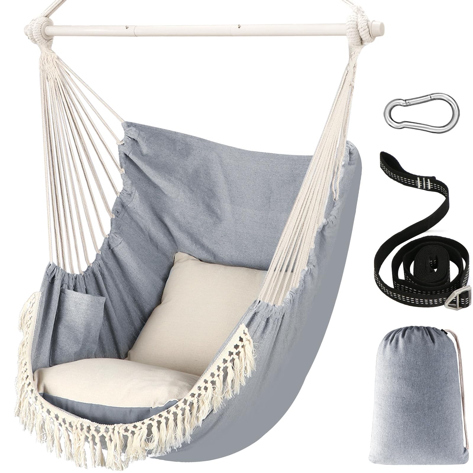 Chihee Hammock Chair Hanging Swing Max 500 Lbs 2 Cushions Included Metal Spreader Bar with Anti-Slip Grooves Portable Hanging Chair Side Pocket Large Macrame Bohemian Chair Indoor Outdoor