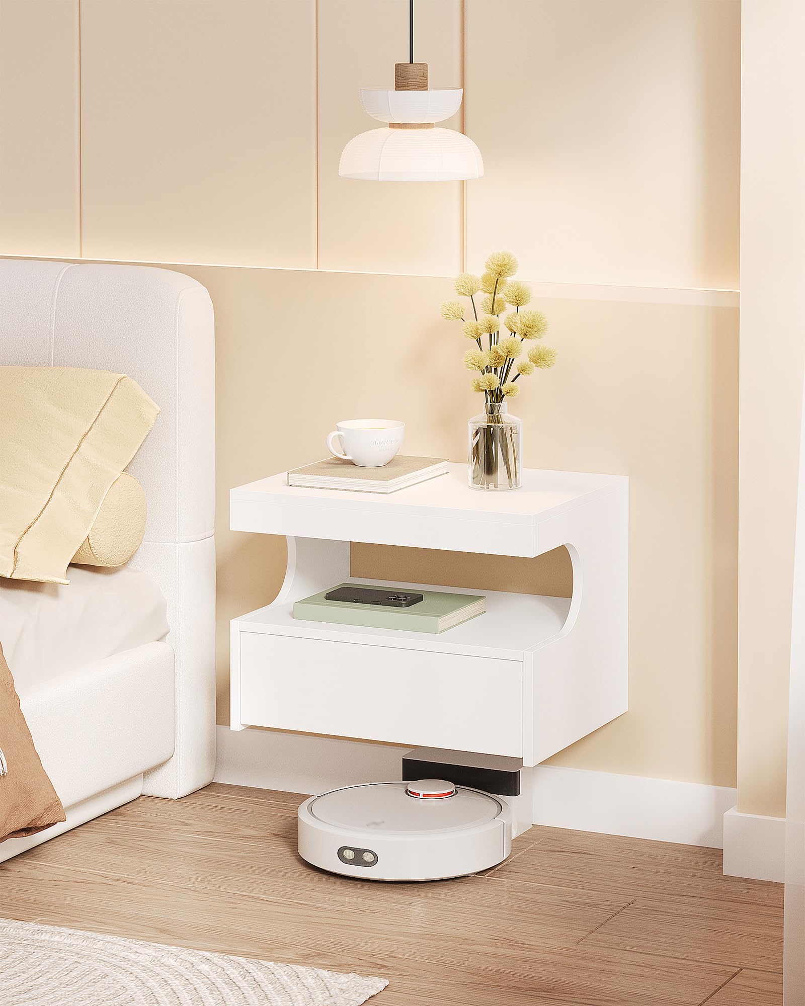 Hzuaneri Comodino Sospeso Set di 2, 1 Cassetto con Guide, Spazio Aperto a Forma di U, Moderno, per Camera da Letto Soggiorno, 30 x 40 x 29,2 cm, Bianco NS50203X