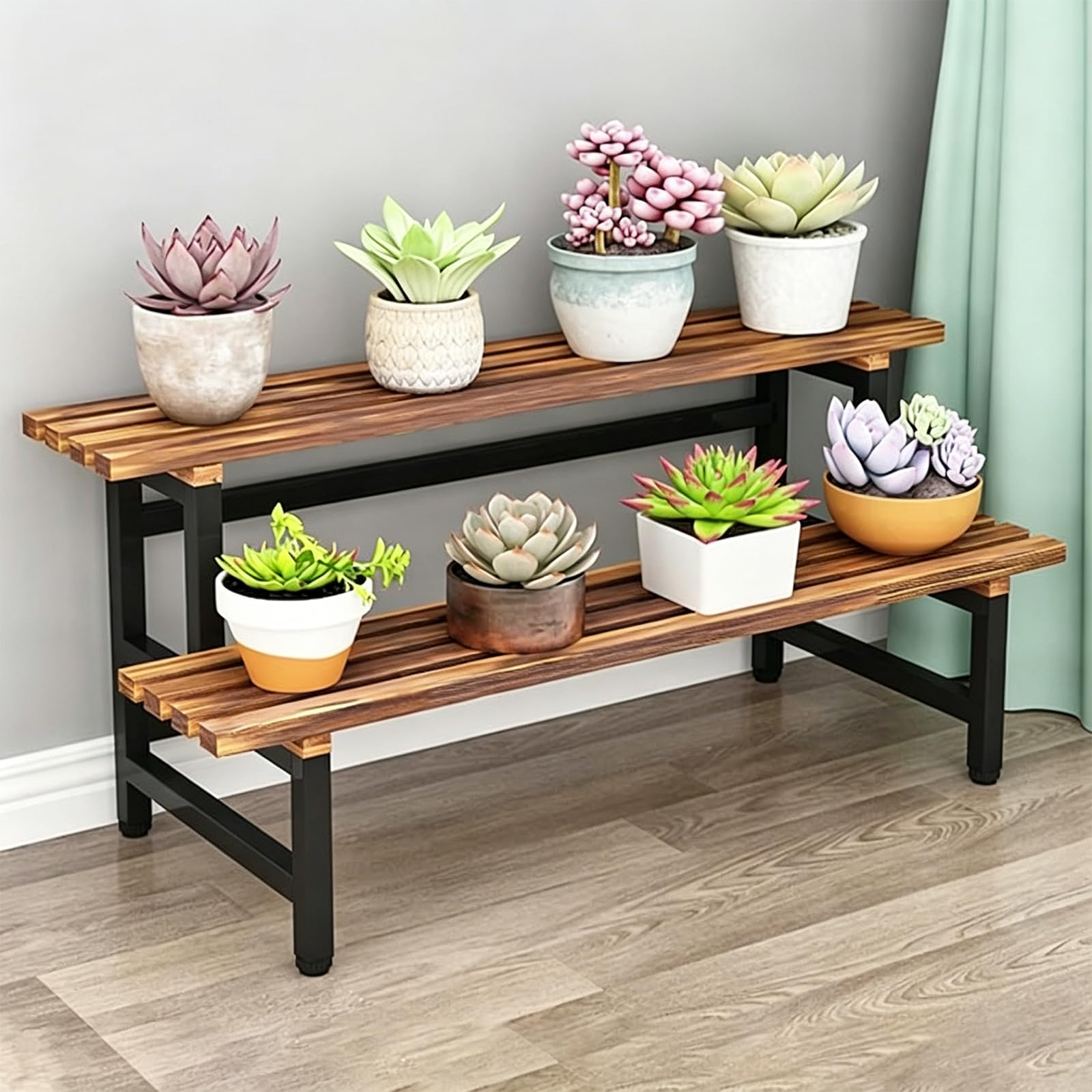 ATRBNCX 2 Tier Ladder Plant Stand Indoor, Wood & Metal Flower Pot Organizer, Space-Saving Corner Shelf Rack For Multiple Plants, Balcony & Living Room(Size:120cm/47in,Color:Black)
