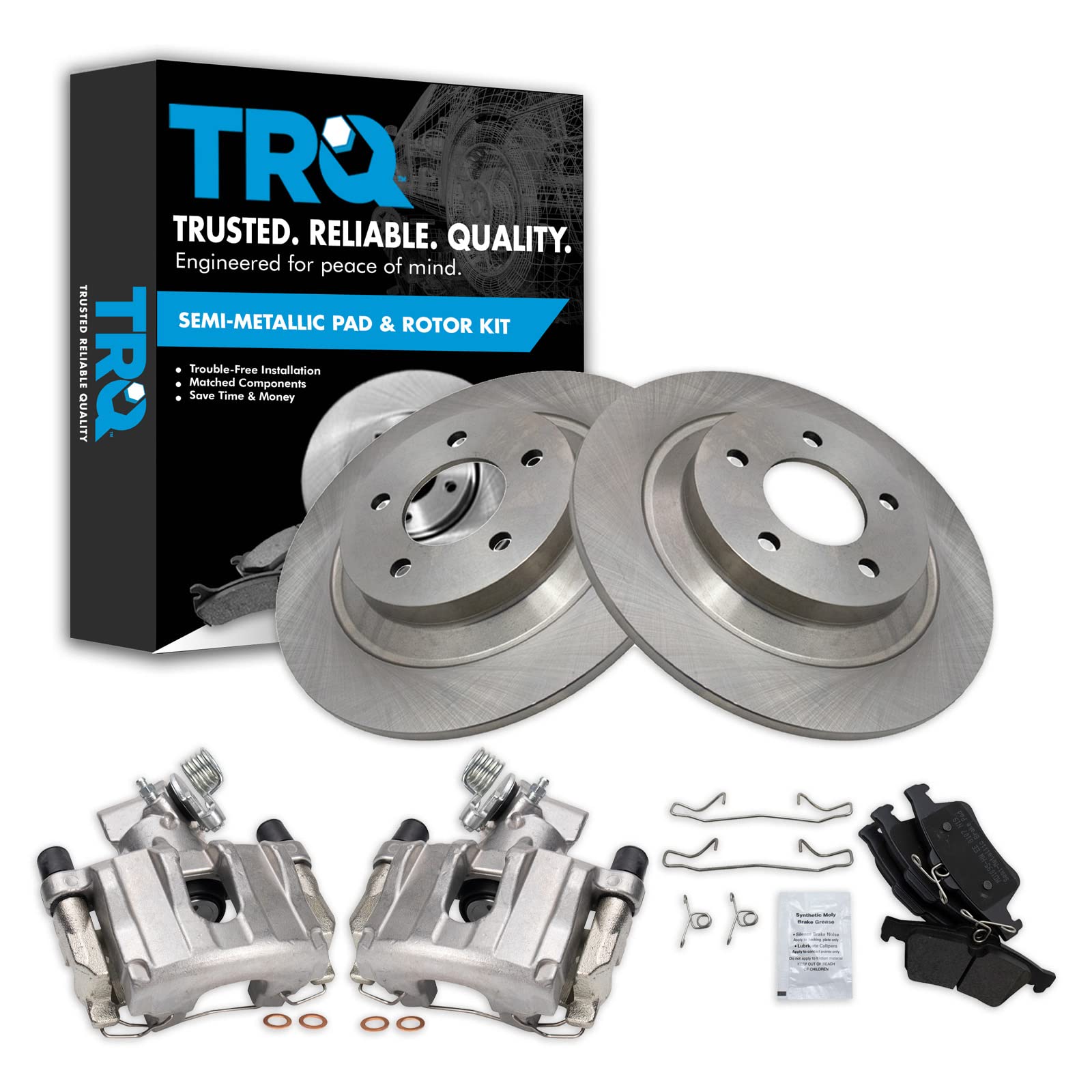 TRQ Rear Brake Pad and Rotor Set Semi Metallic Solid Rotors Calipers Compatible with 2007-2008 Mazda 5