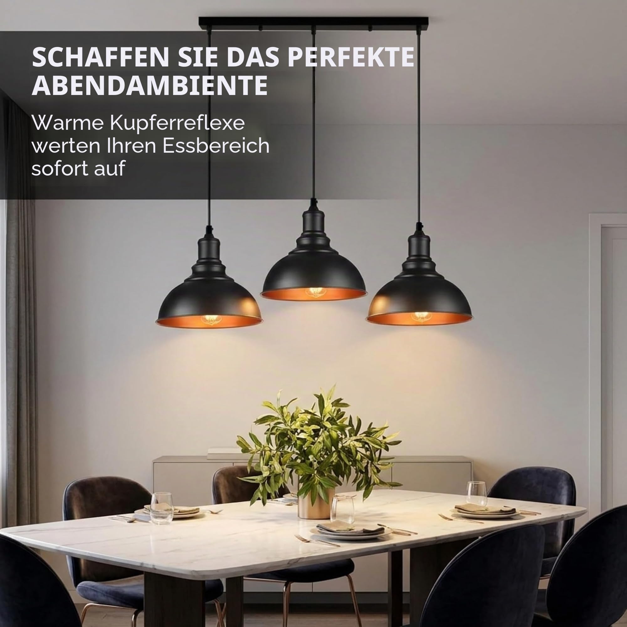 LEDSone Industrielle Pendelleuchte mit drei Köpfen, verstellbares Kabel, 95 cm, Metall-Lampenschirm, Retro-Industrie-Decke, E27-Fassung für Küche und Restaurant (Schwarzes inneres Gold)