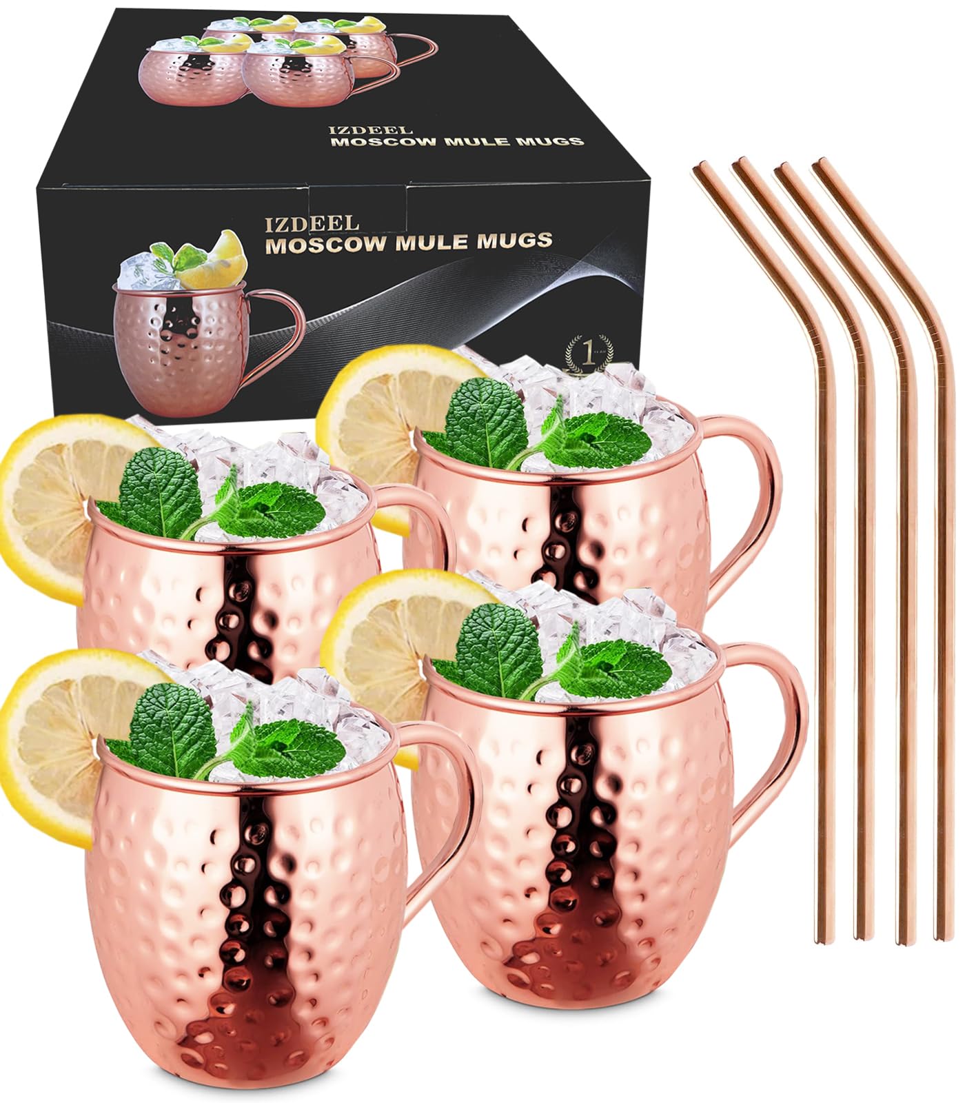 izdeel Moscow Mule Copper Mugs Set Cups 550ml for Cocktails, Gin, Beer, Cold Drinks, Home, Bar, Party, Valentine's Day Gifts Box (4pc-Round Handle)