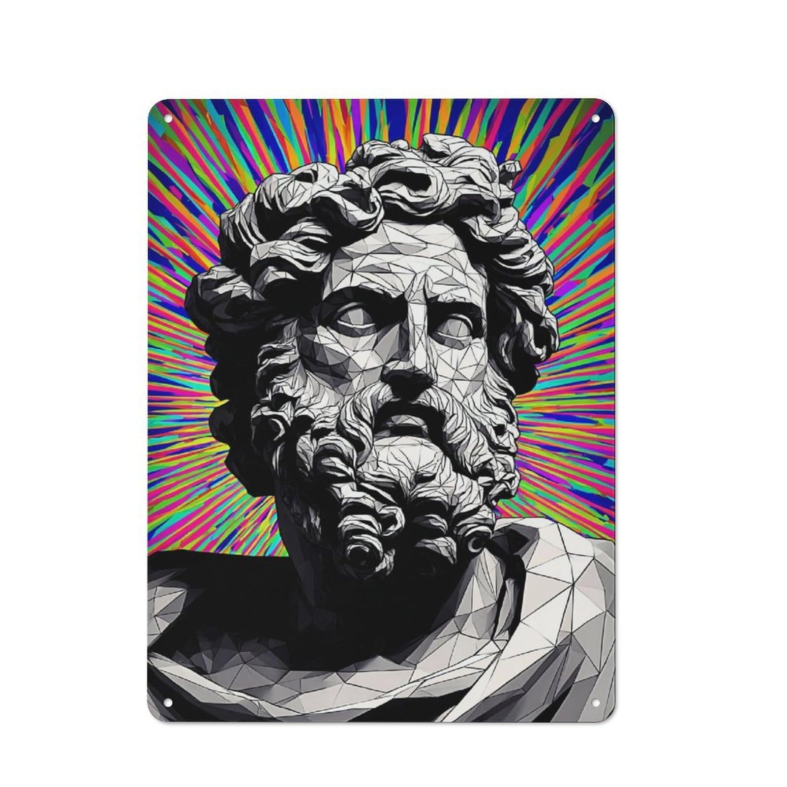 Junmoney Abstract Statue With Vibrant Background Rustic Tin Sign 40X30cm For Lounge Or Reading Corner, For Vintage Wall Decor Fans, For Garage And Workshop Walls