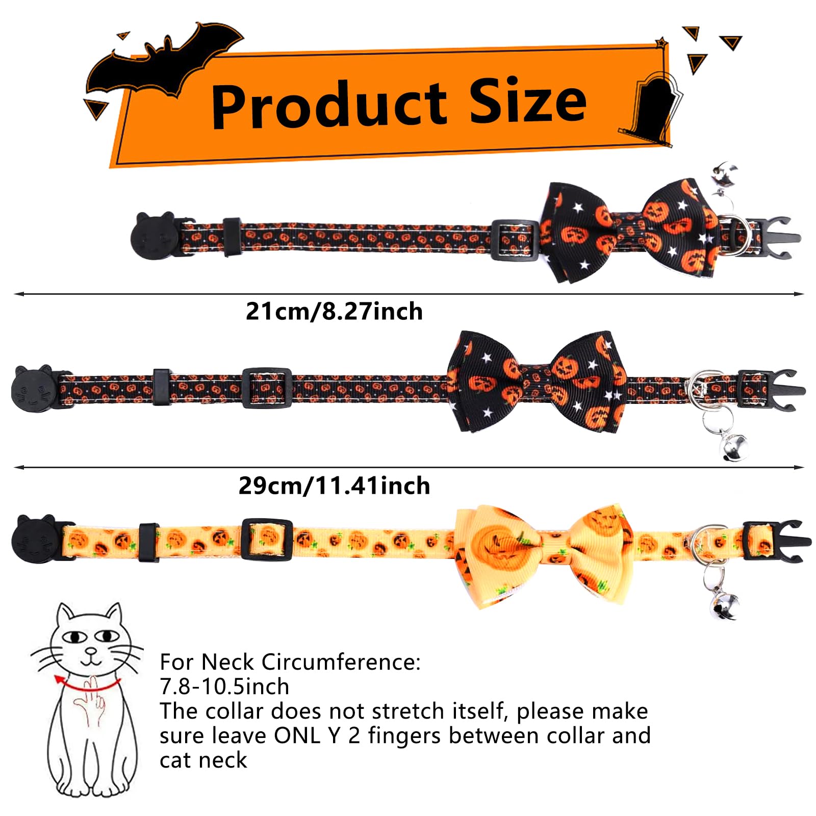Fantasyon 2 Pack Detachable Halloween Cat Collar with Bells & Bows & Breakaway Feature, Black + Yellow, Animal Print - Image 2