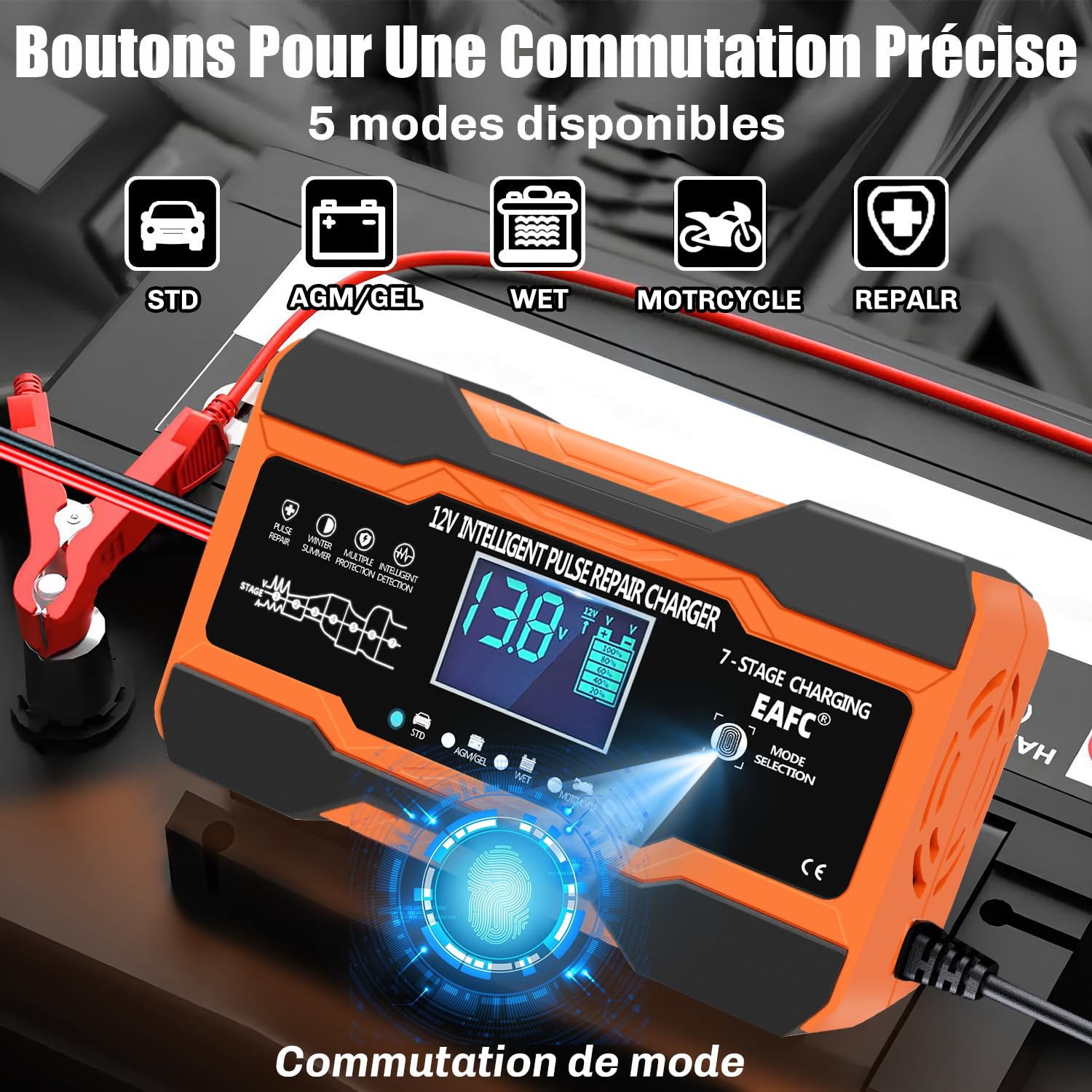 Chargeur de Batterie Voiture 12A 12V Intelligent, Maintien de Charge Batterie Voiture pour Batterie au Plomb, STD, AGM, Gel, SLA, Moto, Câble 2 m, Commande Tactile, Compensation de Température