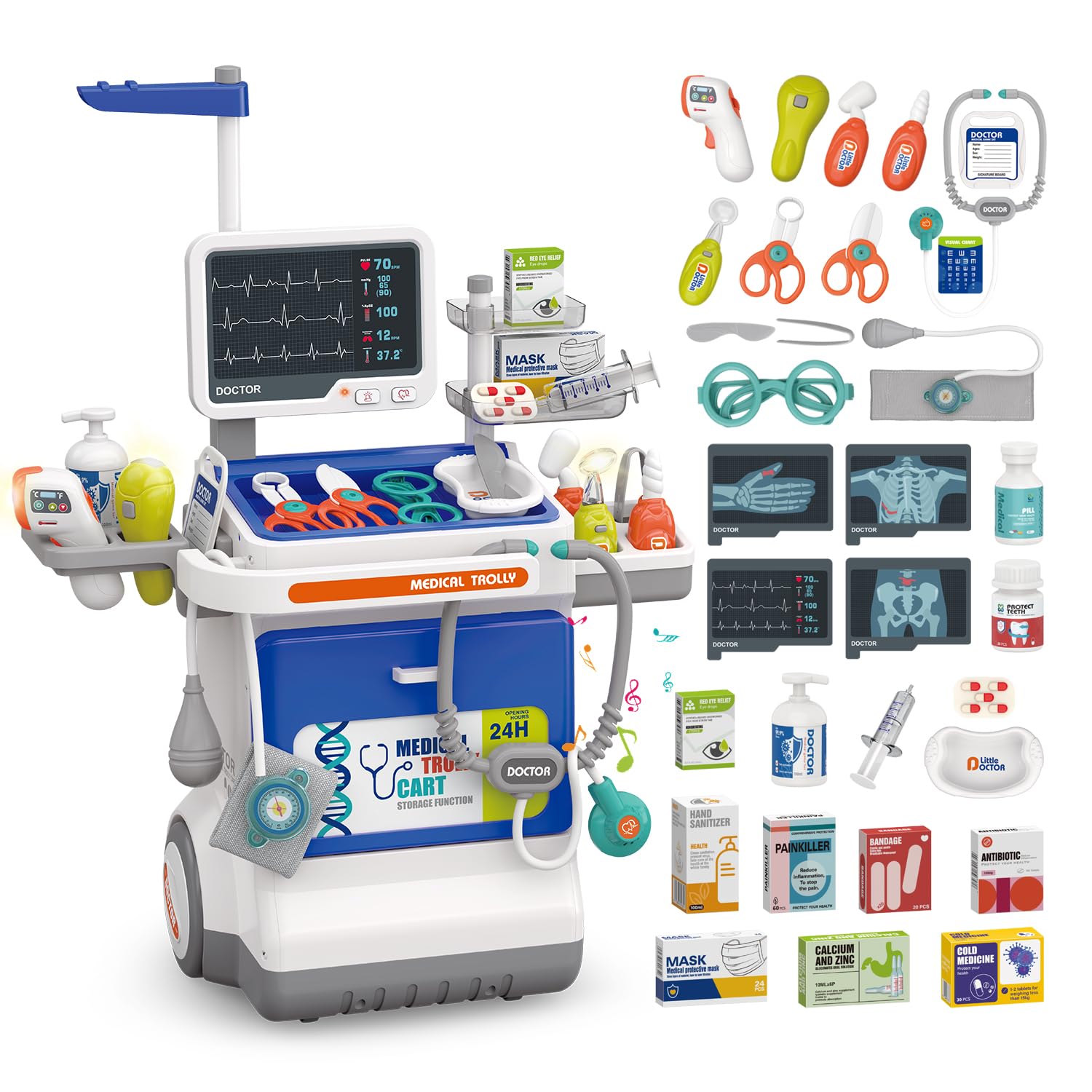 Mallette Docteur Enfant 32 Pièces Kit Médical Jouet avec Stéthoscope, Thermomètre, Seringue, Chariot