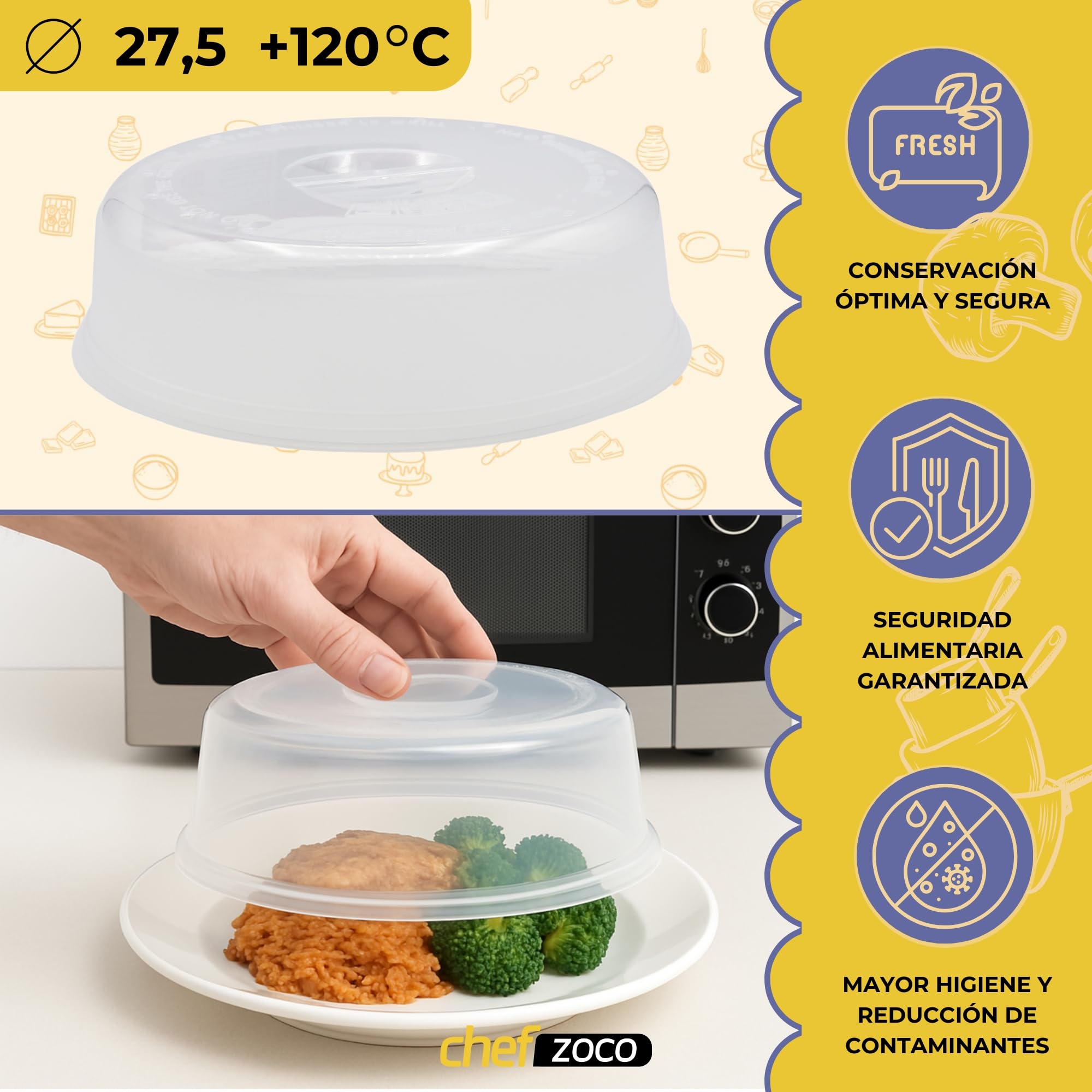 CHEFZOCO Tapa microondas, Tapa de Salpicaduras de Microondas, Tapa Protectora para Microondas, Tapadera Calentar Comida, Libre de BPA, con Orificio de Vapor, 27.5 cm diámetro x 7 cm Altura