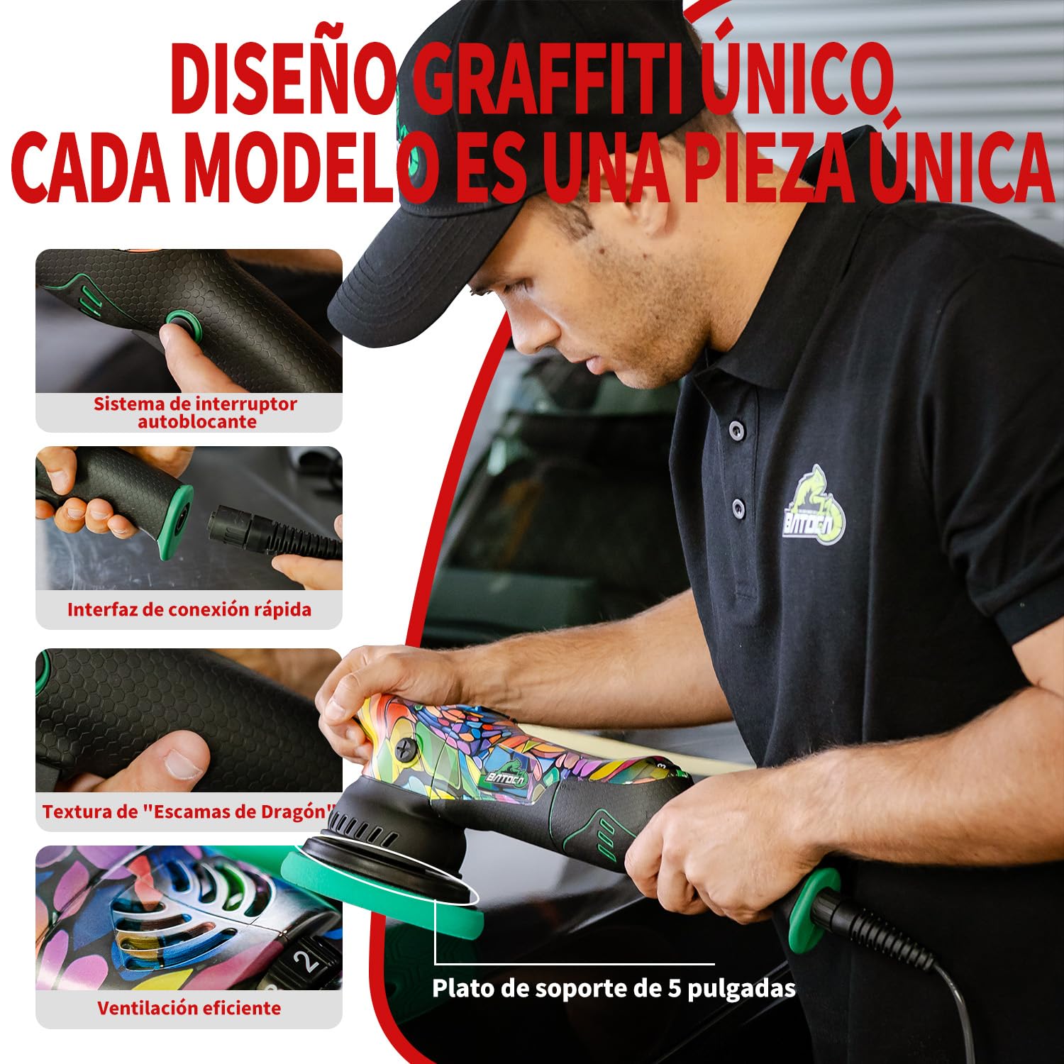BATOCA P1 Pulidora Coche Excéntrica 1000W - Doble Acción DA 125mm, Órbita 15mm, 6 Velocidades 2500-5500 RPM, Cable 5m para Pulido, Encerado y Eliminación de Arañazos en Coche y Moto