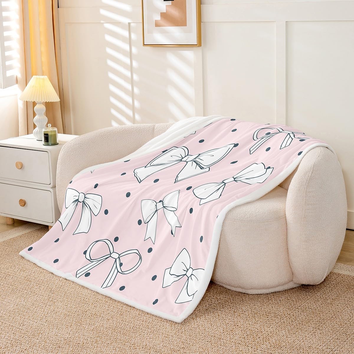 Bowknot Girls Fleece Flannel Blanket,Lovely Girly Polka dot Print Bed Blanket for Bed Sofa Couch,90"x90",Geometric Bow Tie Bed Plush Blanket,Kids Pink Lightweight Blanket