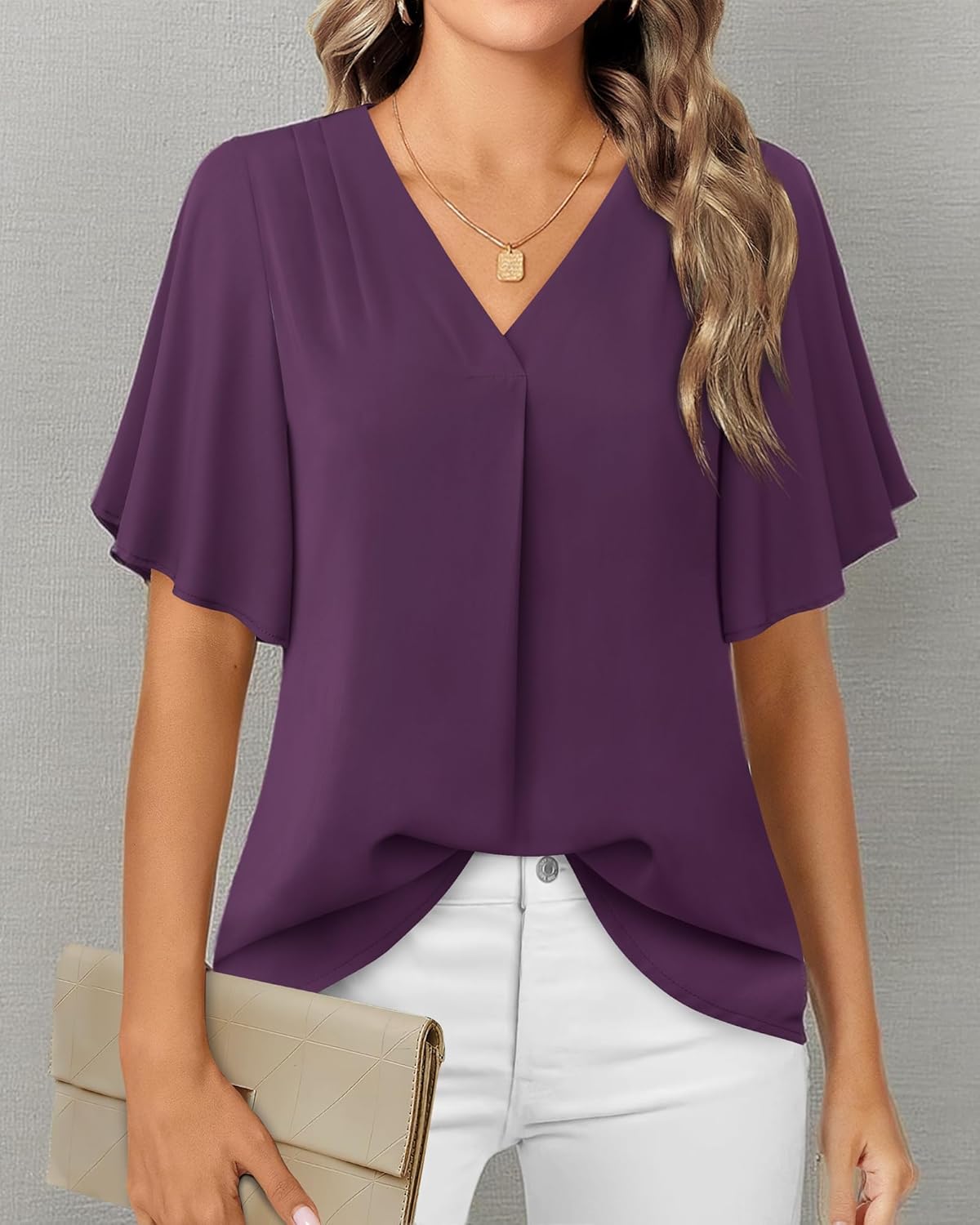 Timeson Women's V Neck Chiffon Blouse Ruffle Sleeve Ladies Work Shirts - Image 5
