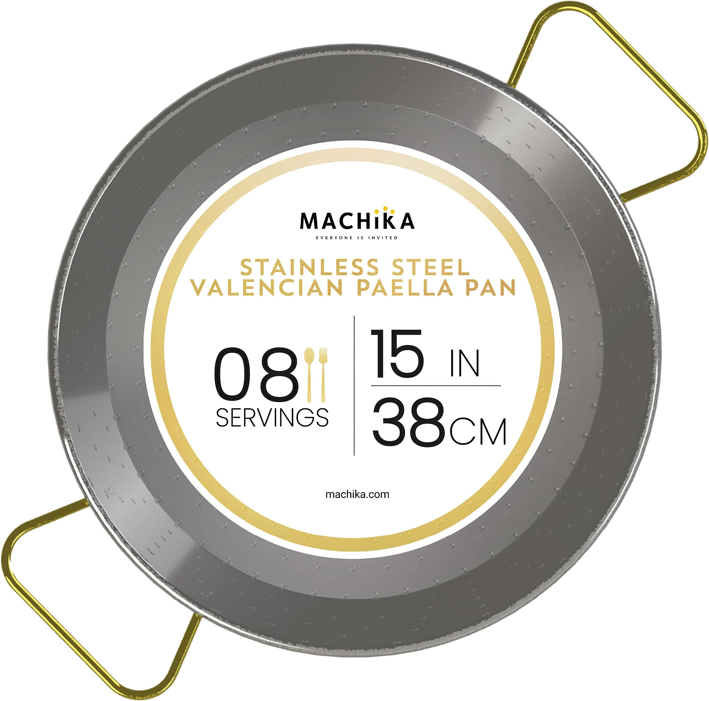 Stainless Steel Paella Pan | Cooking Pan | Stainless Steel Skillet for Paella and Rice Recipes | Stainless Steel Valencian Paella Pan with Gold Handles | 8 Servings | 15 Inches |