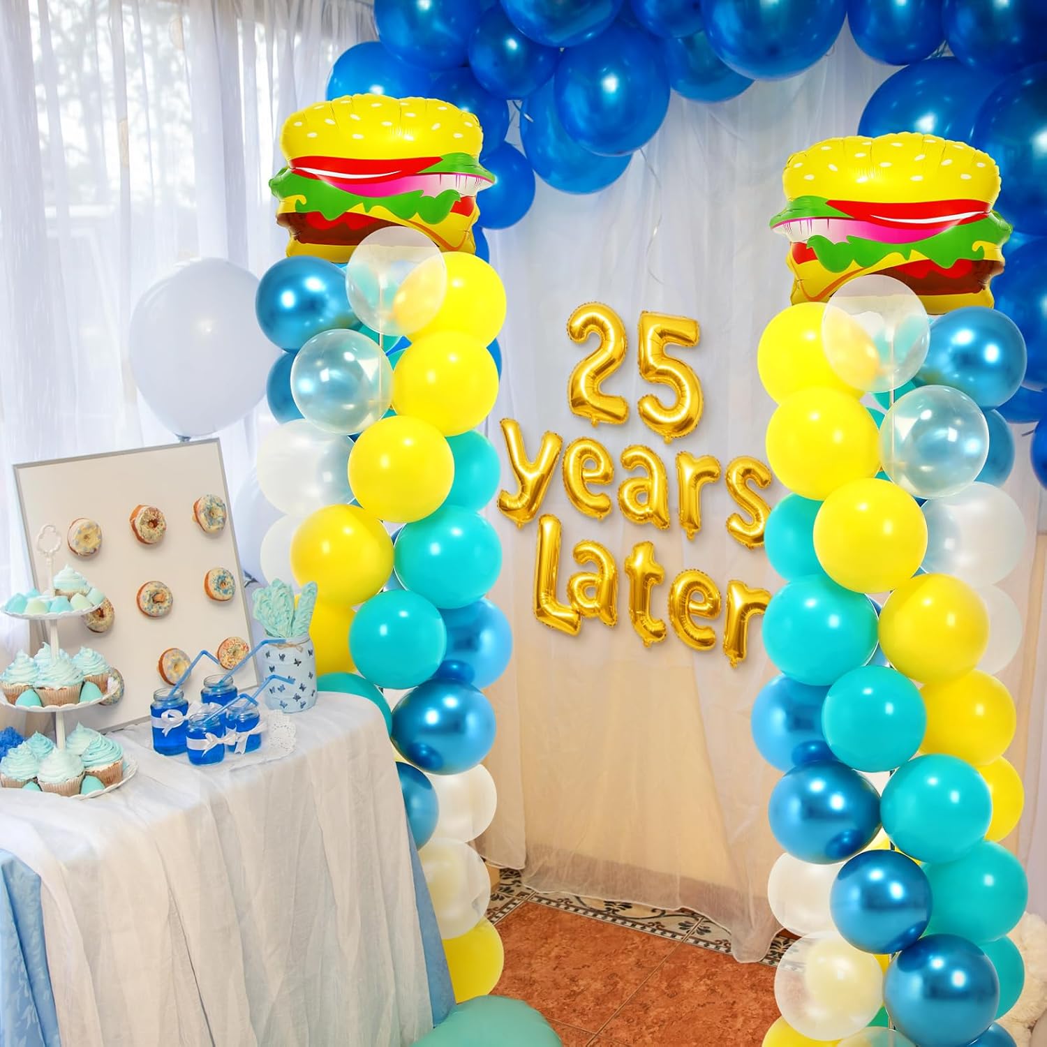Hungdao 2 Sets Sponge Balloon Column Stand Kit - Cartoon Balloons Birthday Decor Include Hamburger Aluminum Balloon Blue Yellow Balloons with Sticks Holder for Cartoon Birthday Shower Party Supplies