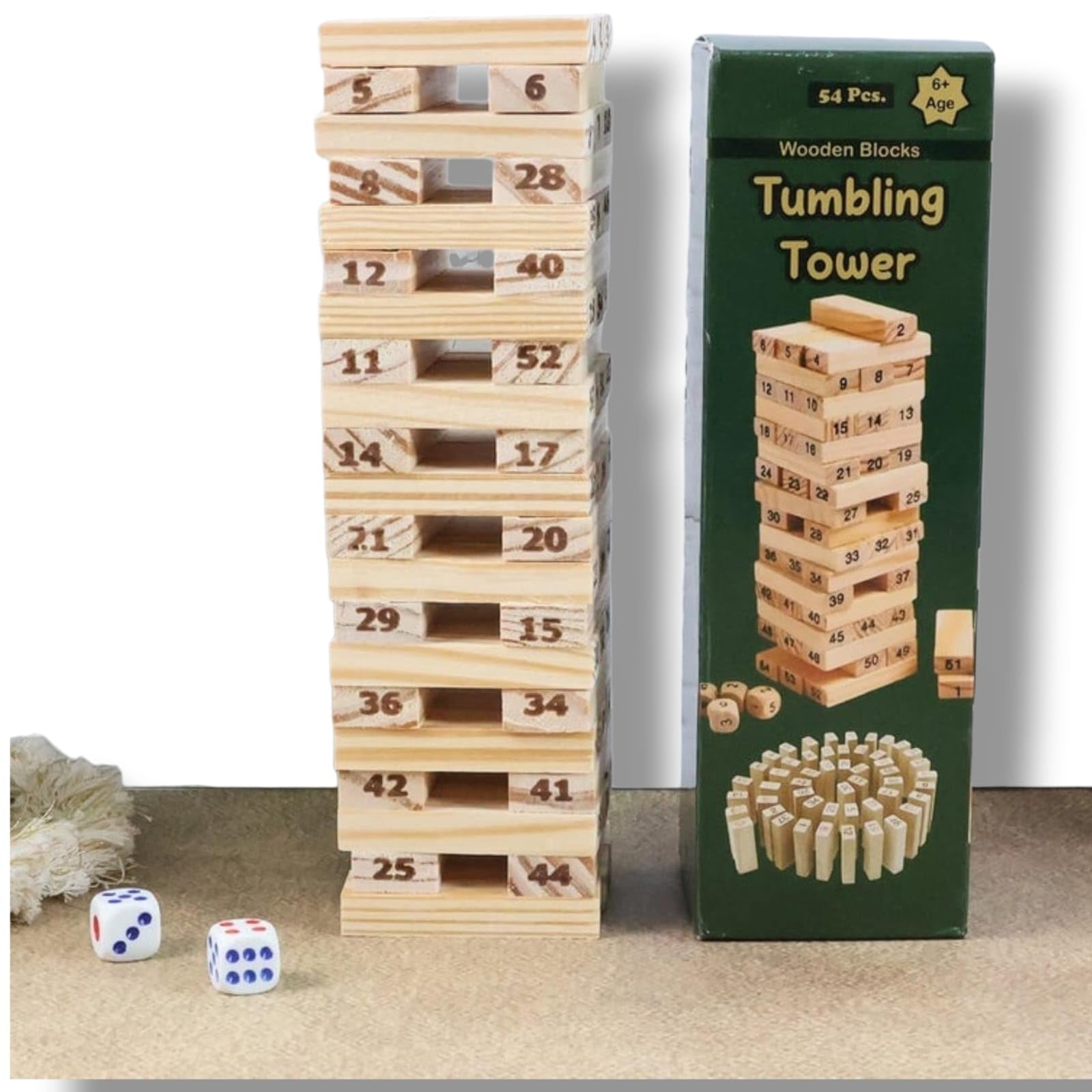 Wooden Tumbling Tower Game with Numbered Blocks, 54 Pieces with 2 Dice, Ages 6+