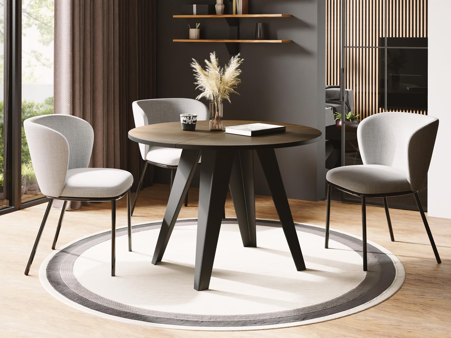 Table de salle à manger ronde moderne bois chêne et pieds métal noir extensible