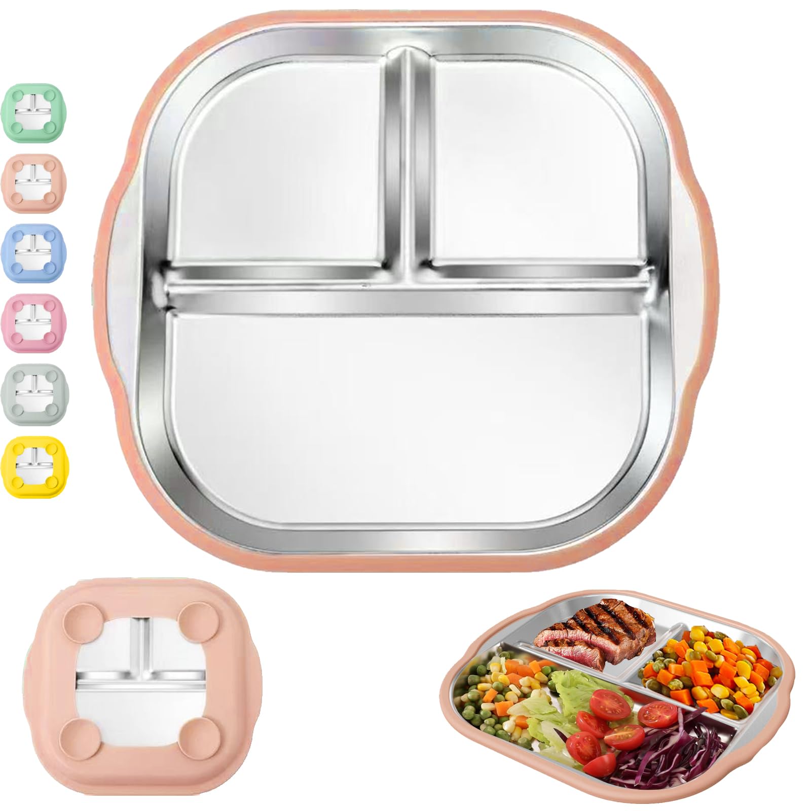 CWENDANER Tellern edelstahl teller kinder,geteilter Teller für Kinder, edelstahlteller baby saugnapf,für die autonome Ernährung,rutschfestes Mahlzeiten-Set für Babys(Warmes Rot)