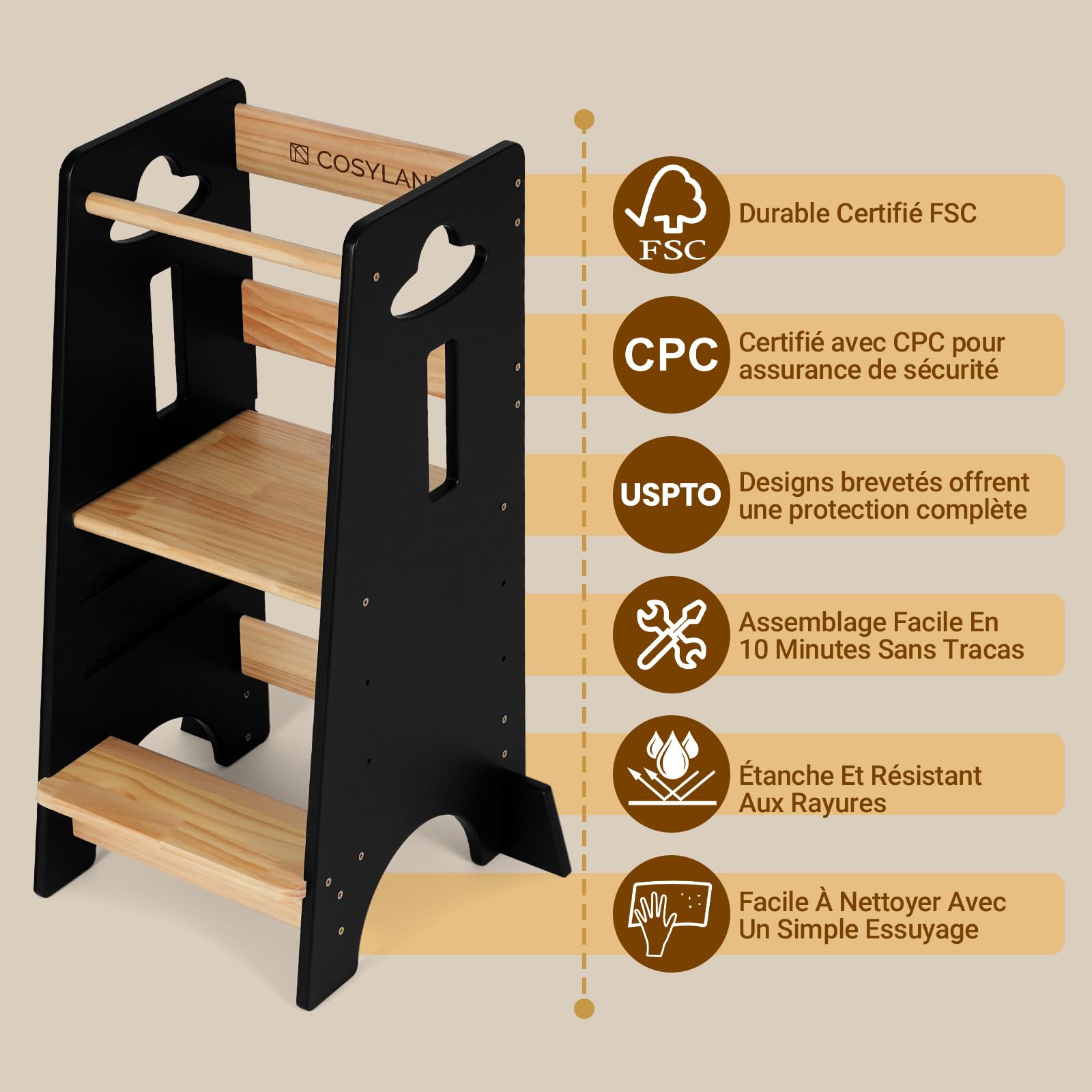 COSYLAND Tour d Observation Enfant Réglable en Hauteur Tour d'observation Montessori, Sûr et Sécurisé Tour d'apprentissage Bebe en Bois, Chaise Montessori Enfant À Partir de 18 Mois - Noir - 4