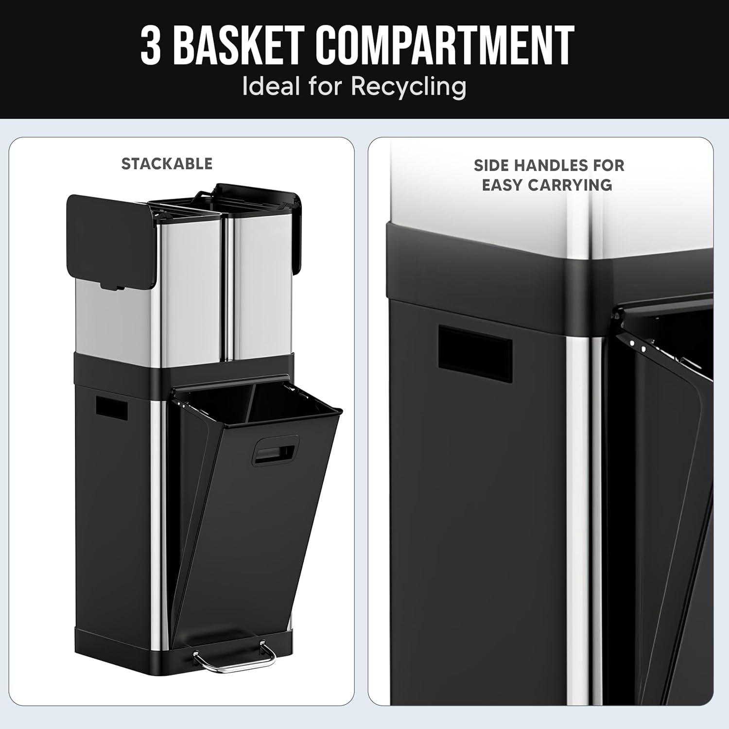 HOLDN’ STORAGE Trash & Recycling Bin for Home Kitchen - Removable Buckets, Stainless Steel with Fingerprint-Proof Finish & Soft-Close (32L - Pedal-Operated) - Image 5