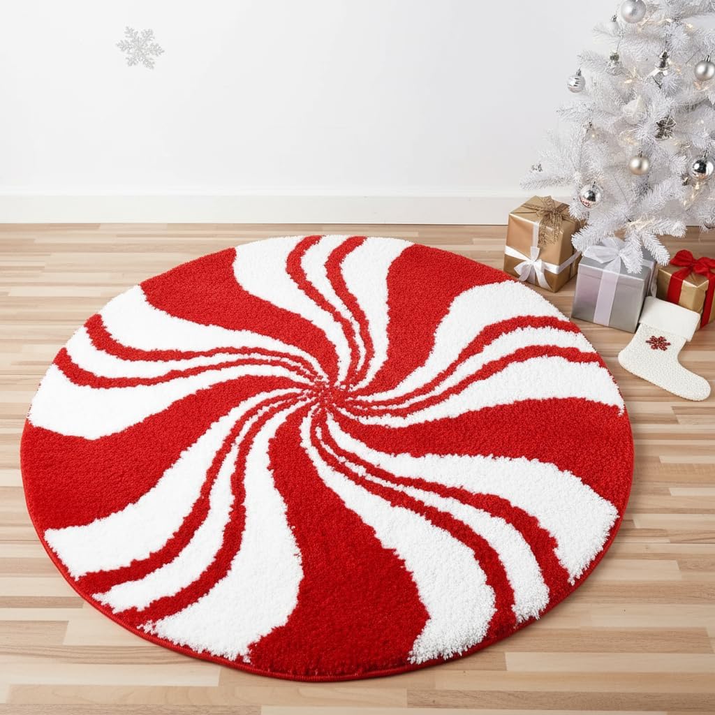 Christmas Bathroom Rugs, Candy Cane Bath Mat for Peppermint Christmas Decor, Winter Rugs Decorations, Absorbent Bathtub Doormats Non Slip Washable, 24 x 24 Inch