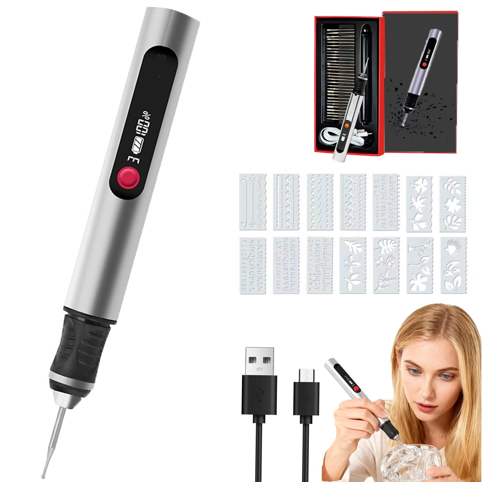 Penna Incisore zengraver, Portatile Senza Fili Engraving Pen, Include 30 Punte e 16 Stencil, Penna per Incisione Incidere Oltre 50 Superfici, Adatta ai Principianti, Ricaricabile (SILVER)