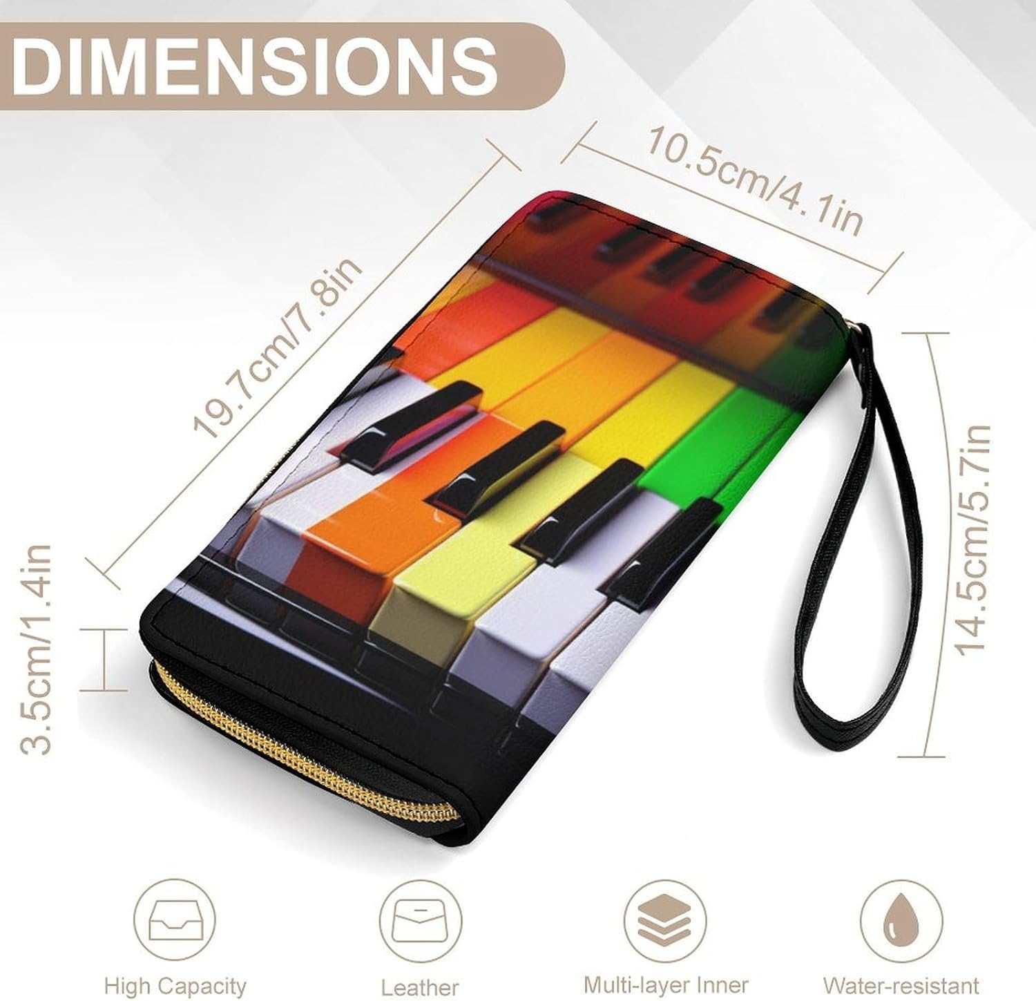 Colorful Piano Music Rainbow Wallets for Women Long Wristlet Leather Wallets with Zipper Holder Large Capacity Coin Pocket image 2