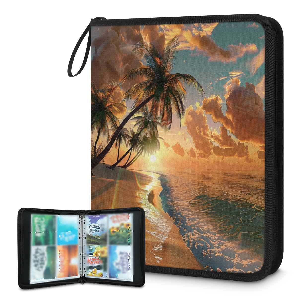 Raccoglitore per carte collezionabili con 4 tasche, motivo palma hawaiana, con maniche rimovibili, impermeabile, con cerniera, 50 pagine, capacità 400 carte