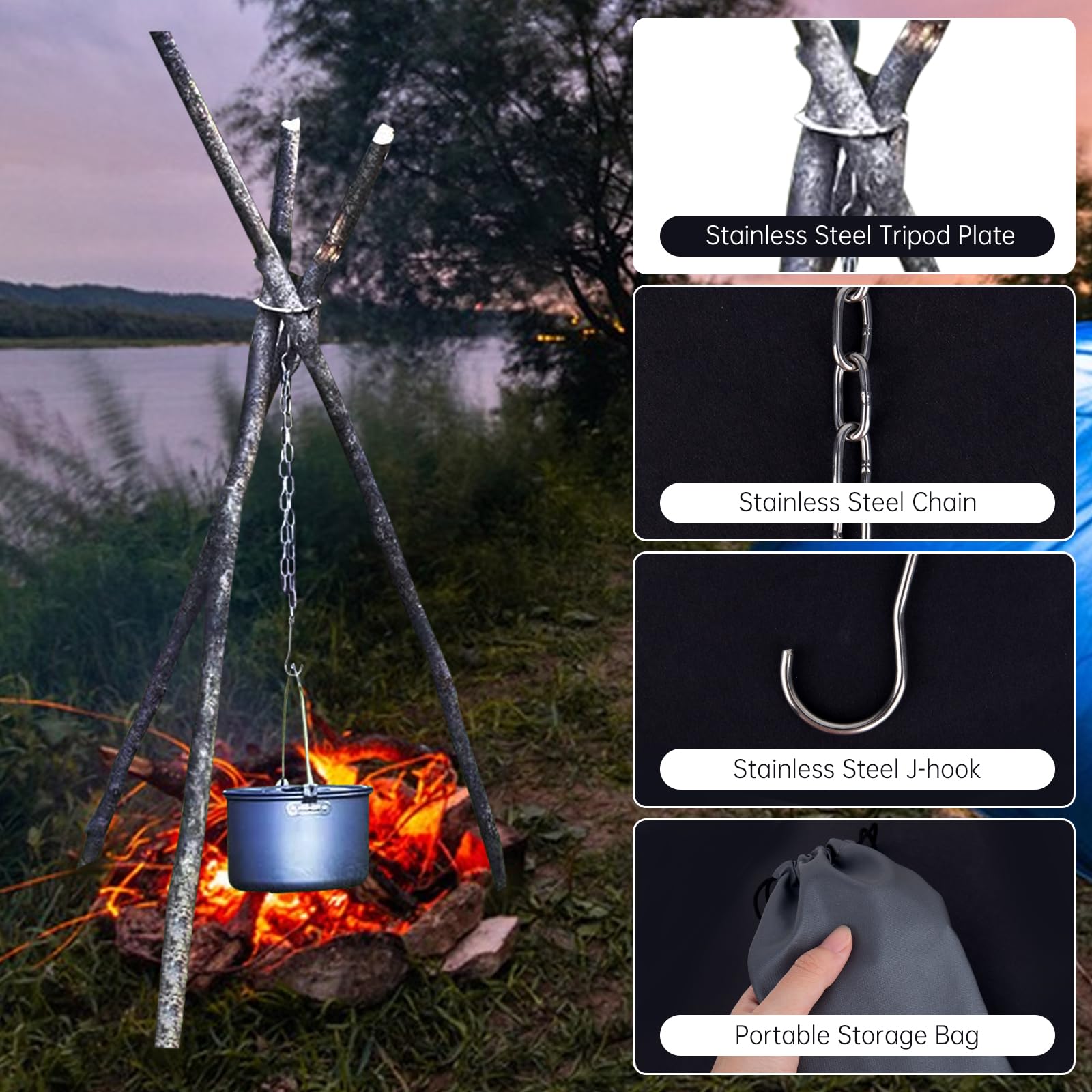 Wild North Goods Treppiede Da Cucina Per Fuoco In Acciaio Inox Con Catena - Portatile Per Bushcraft, Campeggio E Barbecue - 5