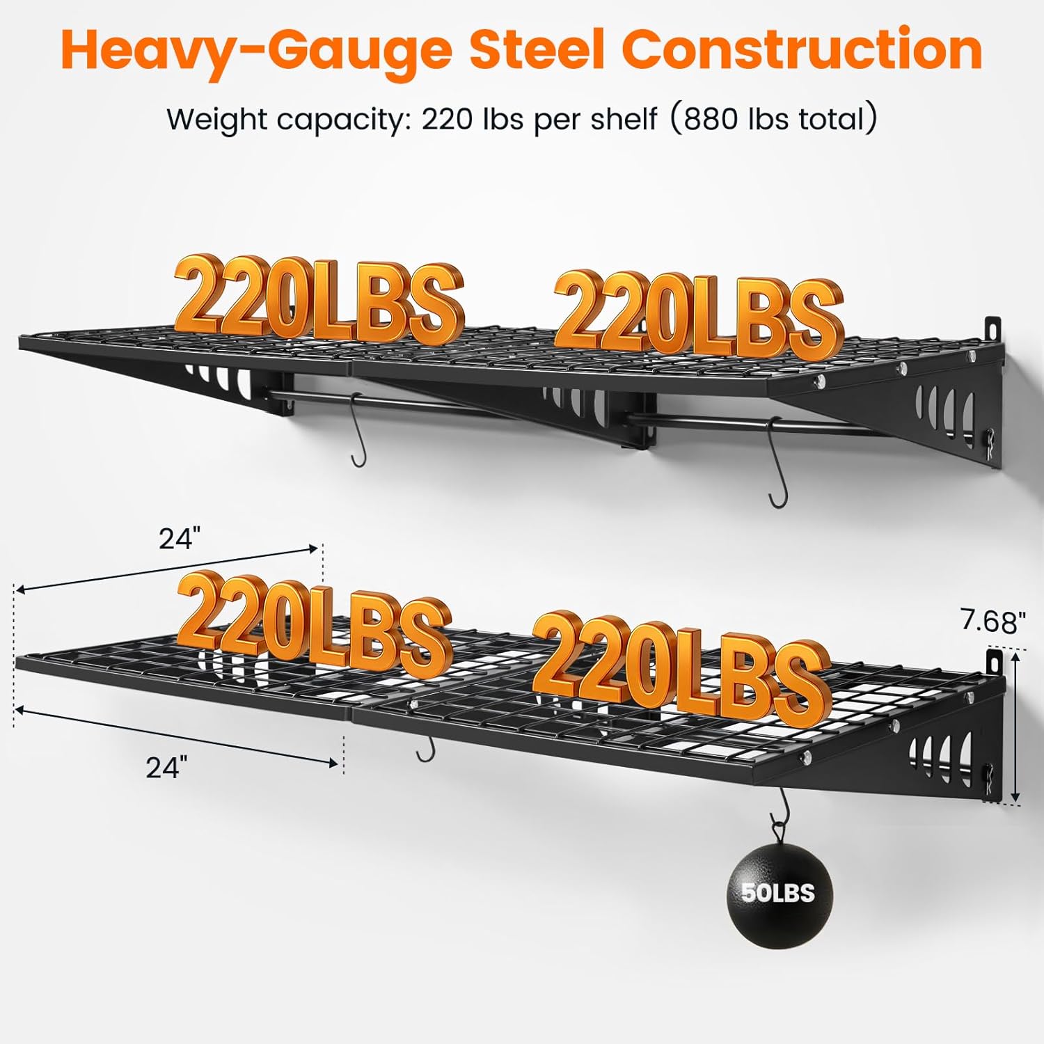 ENJOYWOOD Garage Shelving 2x2ft 4-Pack, Garage Storage Rack 24"x24" Metal Shelves Black Wall Mounted with rods & 4 Hooks, Heavy Duty Wall Shelving Floating Shelves, 880lbs Total load Capacity