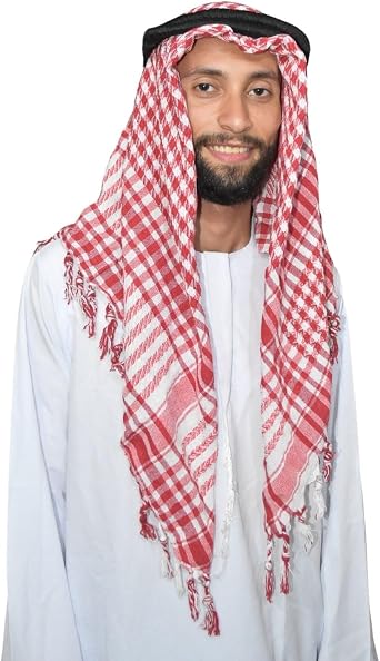 Shemagh Scarf Arafat Red x White + Igal Agal Black Set Arabian Shawl Kafiya Keffiyeh Tactical Desret Unisex Men Women Middle Eastern Arabic Saudi Arabia Costume Headscarf Neck Veil Head Wrap
