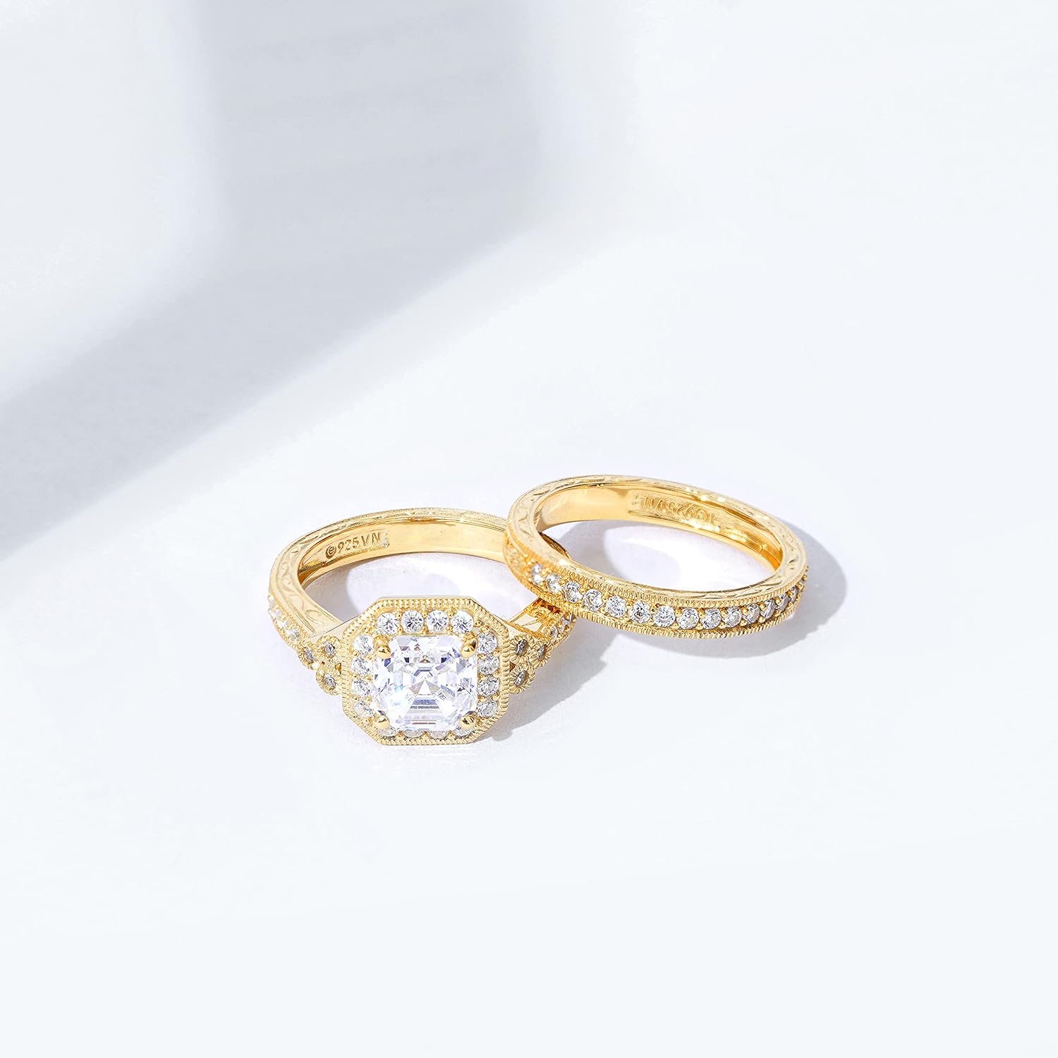 Amazon Essentials Platinum or Gold Plated Sterling Silver Antique Ring set with Asscher-Cut Infinite Elements Cubic Zirconia - Image 3