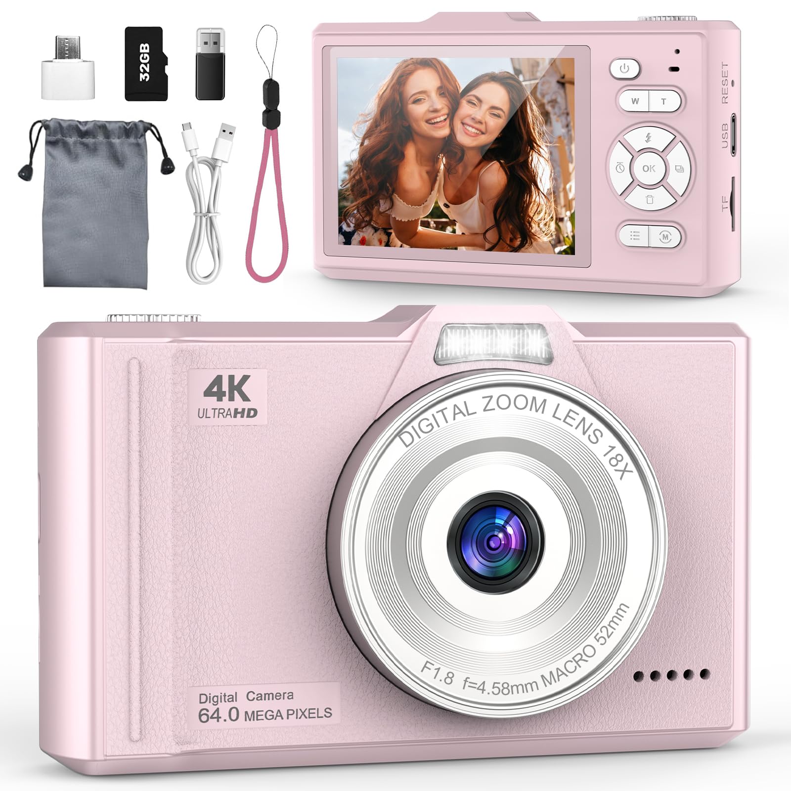 Digital Camera 4K 64MP Compact Portable Photo Camera,18X Digital Zoom Autofocus