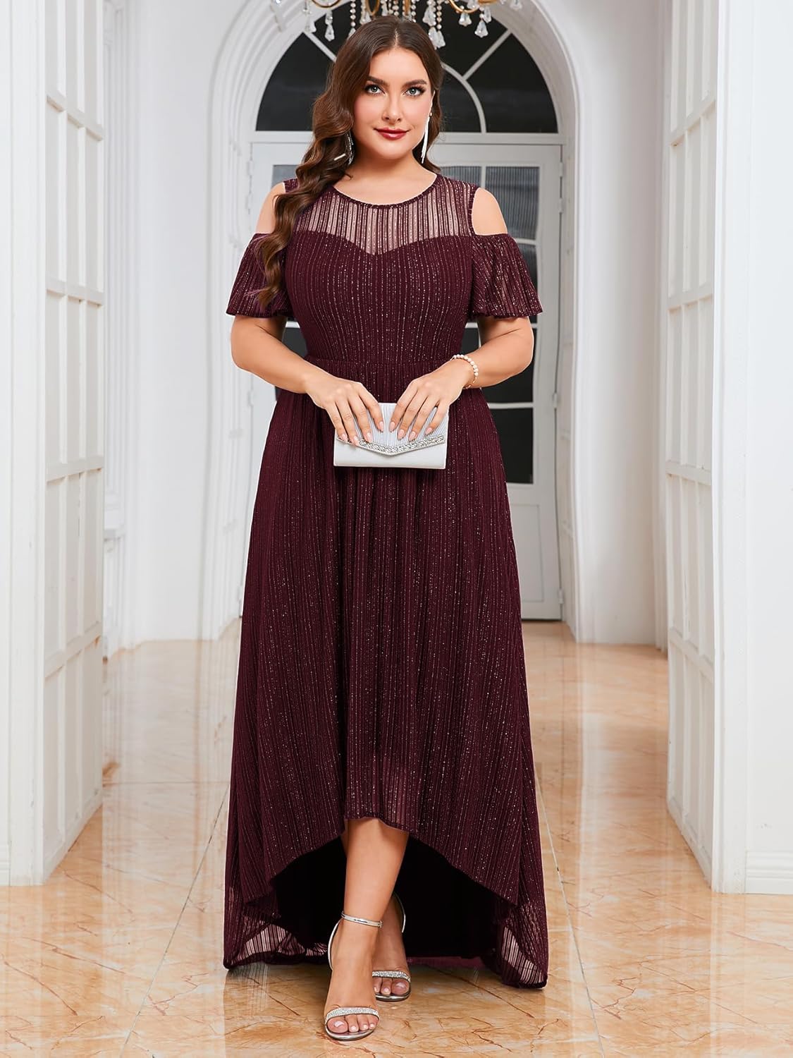 ZOMVA Plus Size Sparkly Mesh Maxi Dress Cold Shoulder Ruffle Sleeve High Low A Line Dresses Wedding Guest Cocktail Party - Image 4