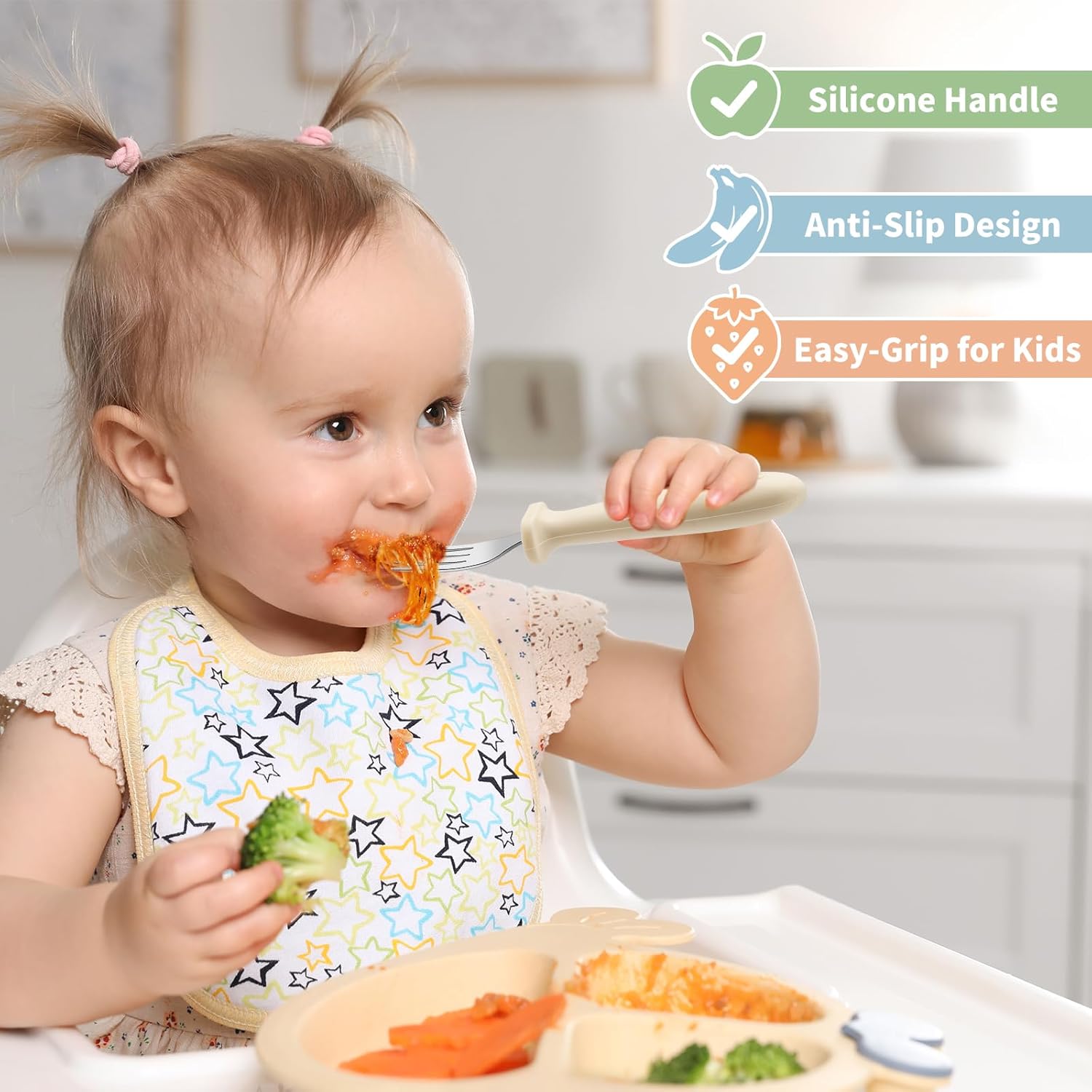 DRKIO 8 Pieces Toddler Forks Set - Baby Forks with Silicone Handle Children safe 18/8 Stainless Steel Toddler Utensils Set for Self Feeding Kids Silverware Anti-Choke Design Food Grade Dishwasher Safe - Image 4
