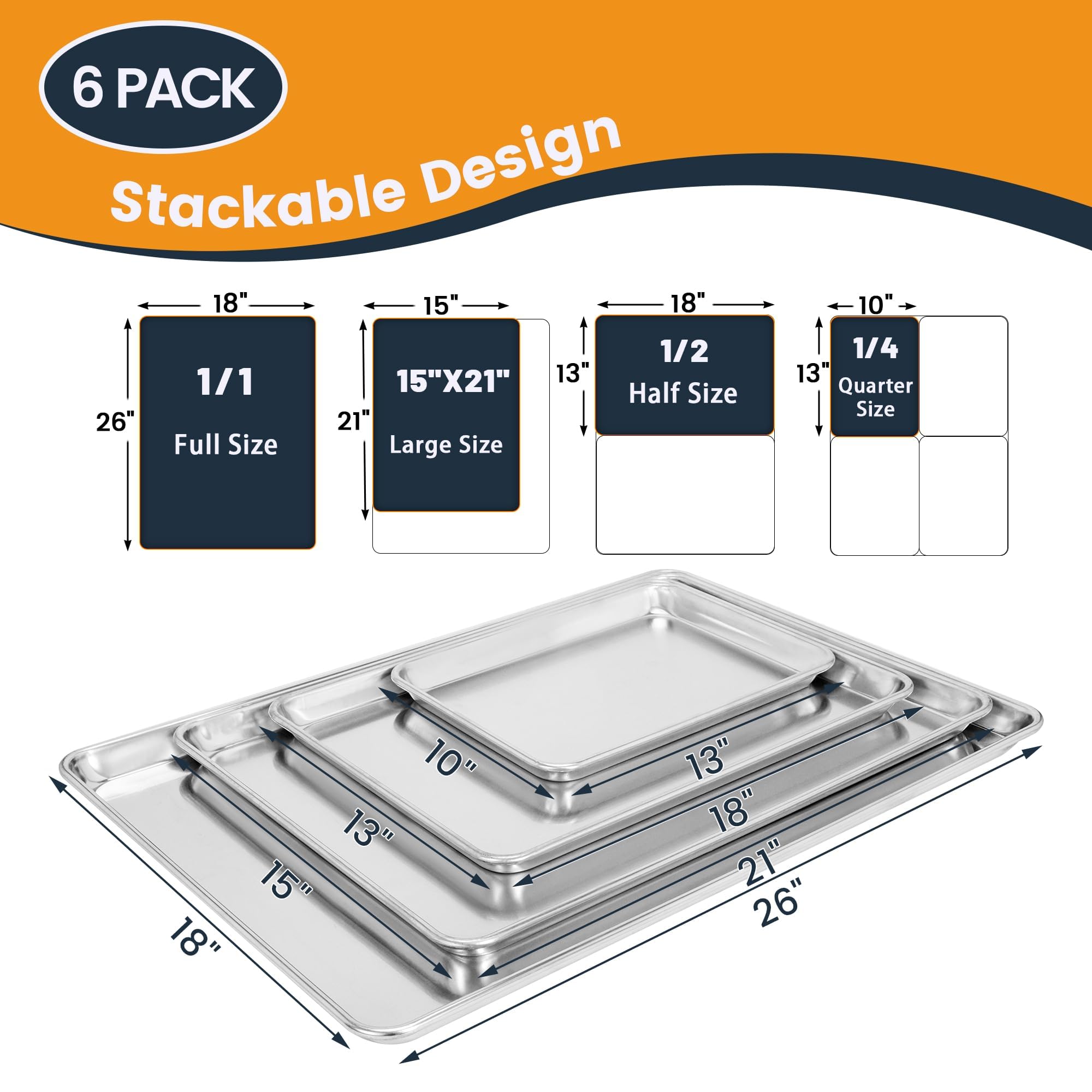 Paquete de 6 bandejas para hornear de tamaño medio, molde comercial de aluminio, duradero y antiadherente, 18 x 13 pulgadas
