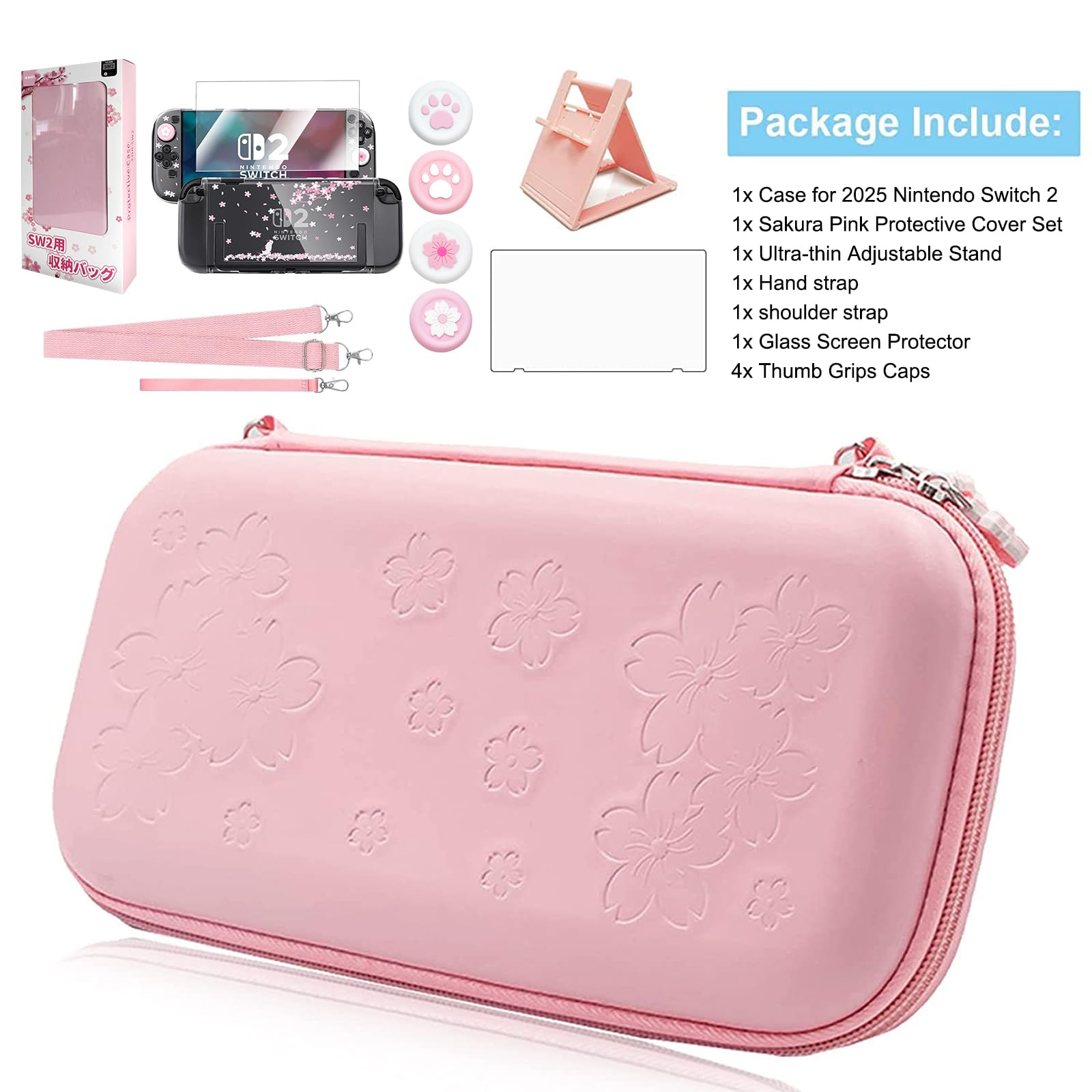 HLRAO Étui rose compatible avec Nintendo Switch OLED 2021,coque rigide Sakura Design, étui de rangement portable solide, antichoc, avec protection d'écran en verre HD et 4 capuchons Sakura Thumb Grip.