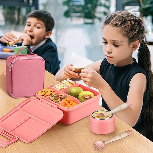 Miniatura 6 de JXXM Lonchera Bento para niños con termo de sopa de 8 onzas, recipientes de almuerzo a prueba de fugas con 5 compartimentos, tarro de comida térmico