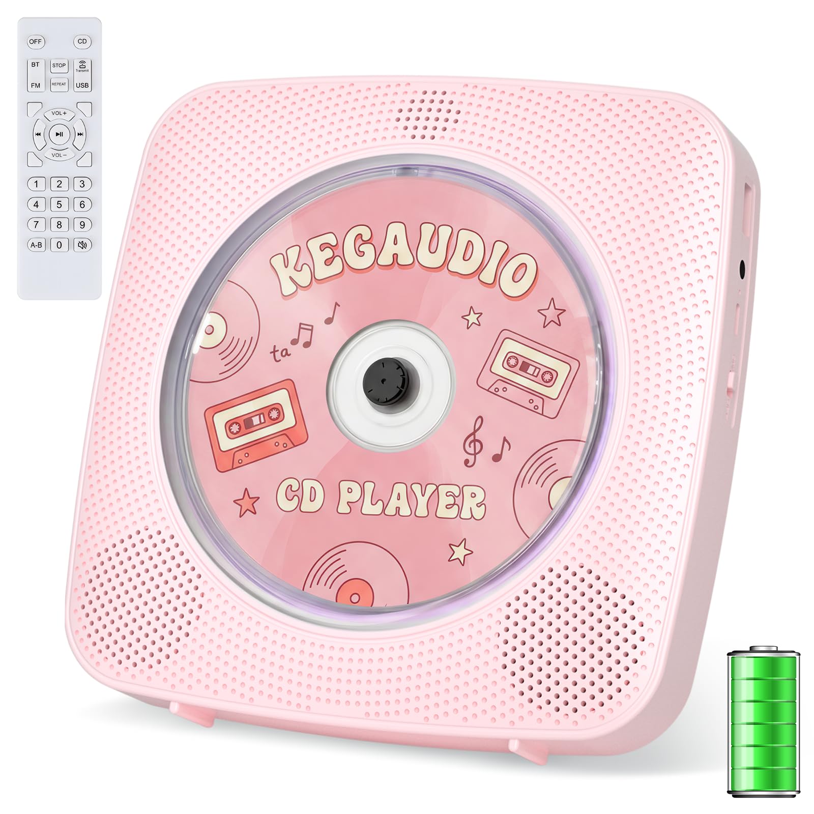 CD Player Portable : CD Players for Home Bluetooth Kegaudio 1800mAh Rechargeable Desktop Wall CD Player with Speakers with Dust Cover LCD Screen Display FM Radio USB AUX Jack Remote Control Pink-image-46