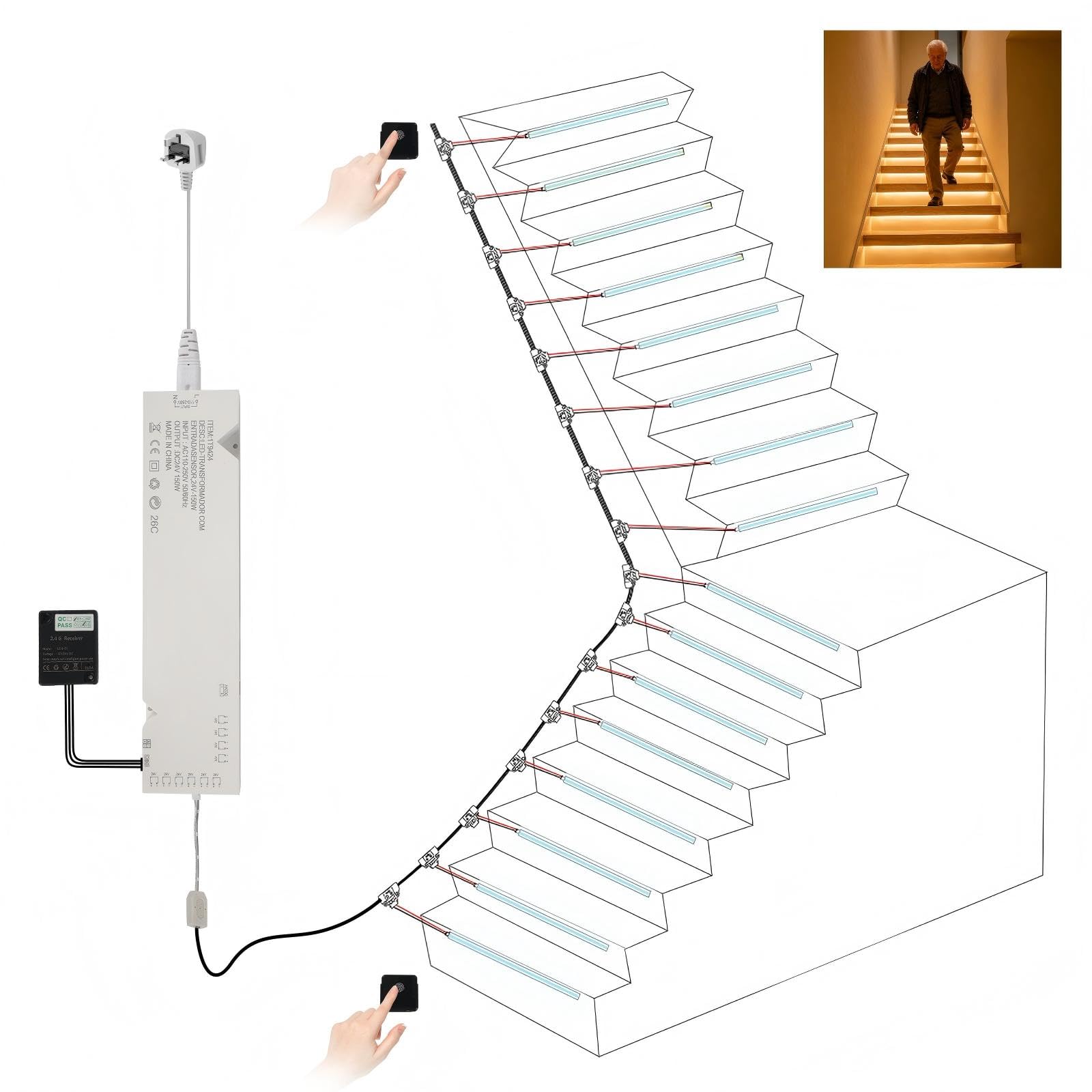 LED Stair Lights Kit, 16 Steps COB LED Strips with Silicone Sleeve, Plug and Play Step Lights, Warm White 3000K Stair Lighting, Dimmable, Cuttable Staircase Lighting for Indoor Steps, Acoustic Panels
