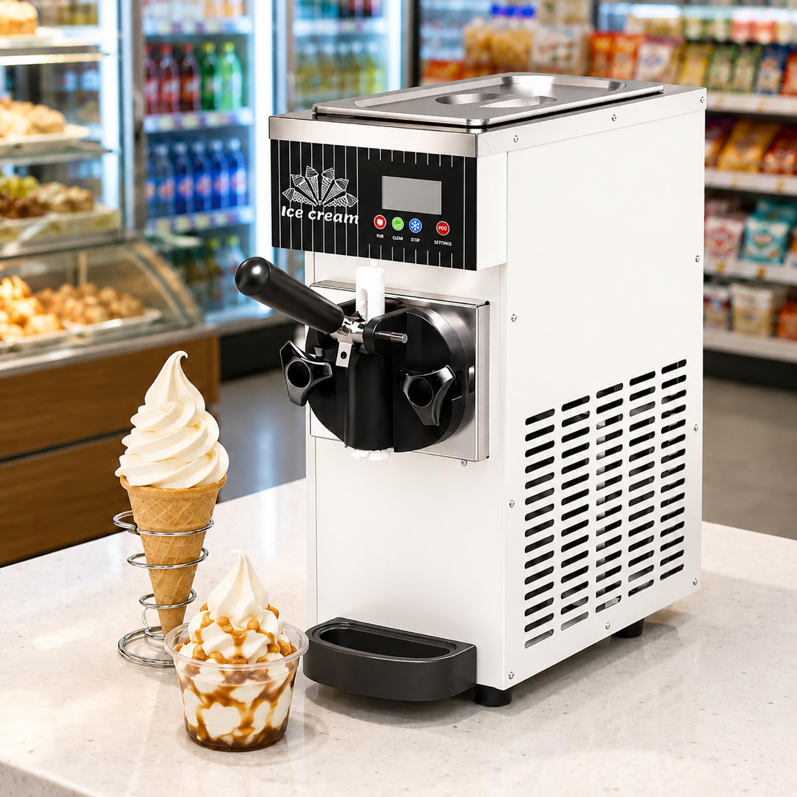 Machine à Glace Italienne de Comptoir - 450 W, Bac 2,5 L, Écran LCD, Nettoyage Auto pour Boutiques Dessert White